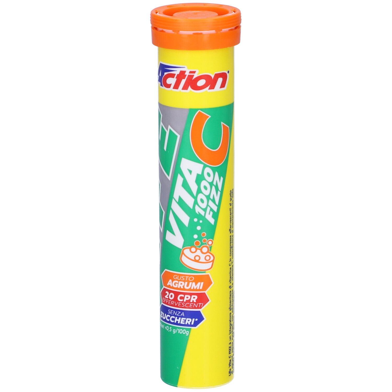 Zylindrische Verpackung mit Vitamin C Brausetabletten. Gelb, grün und orangefarben. Aufschrift: LIFE Vita C 1000 Fizz.