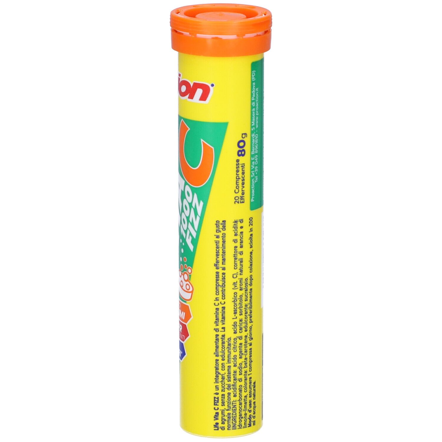 Zylindrische Verpackung mit Vitamin C Brausetabletten. Gelb, grün und orangefarben. Aufschrift: LIFE Vita C 1000 Fizz.