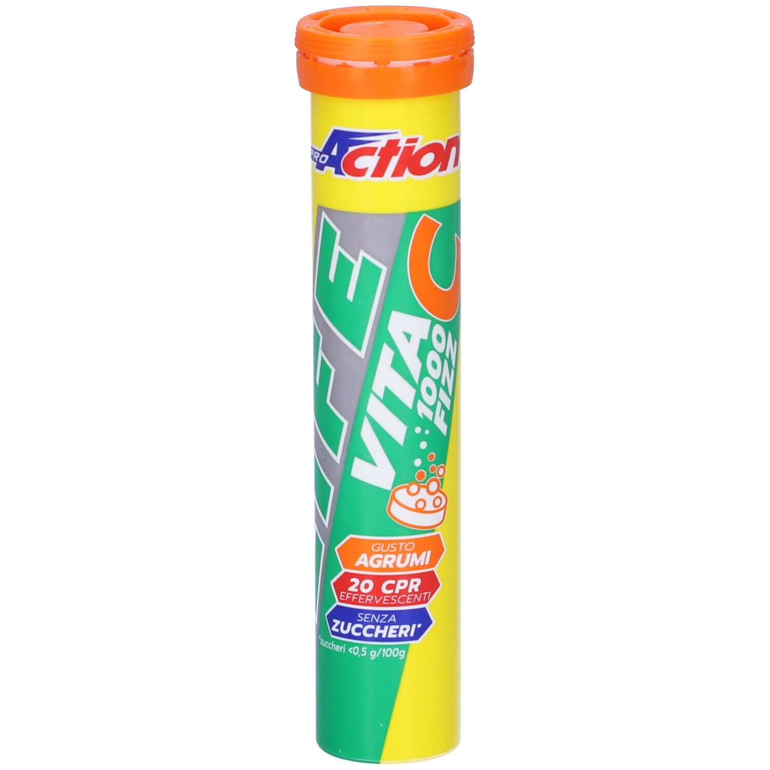 Zylindrische Verpackung mit Vitamin C Brausetabletten. Gelb, grün und orangefarben. Aufschrift: LIFE Vita C 1000 Fizz.