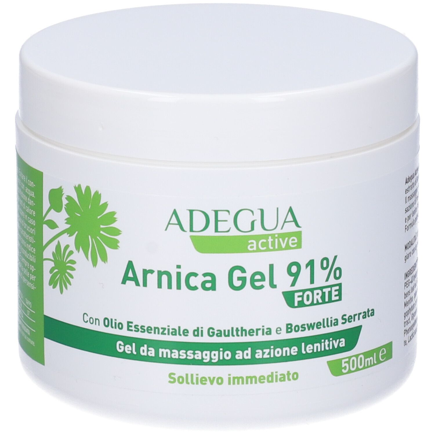 Vaso bianco con etichetta verde. Scritta: ADEGUA active, Arnica Gel 91% Forte. Testo: Gel da massaggio ad azione lenitiva.