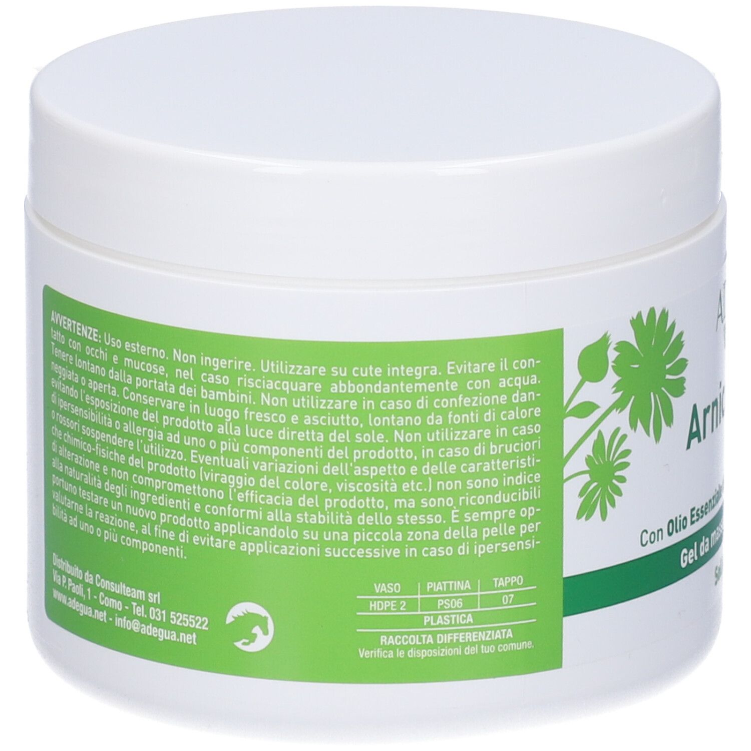 Retro di un vaso bianco con etichetta verde. Testo: Avvertenze, ingredienti, informazioni produttore e istruzioni per il riciclaggio.