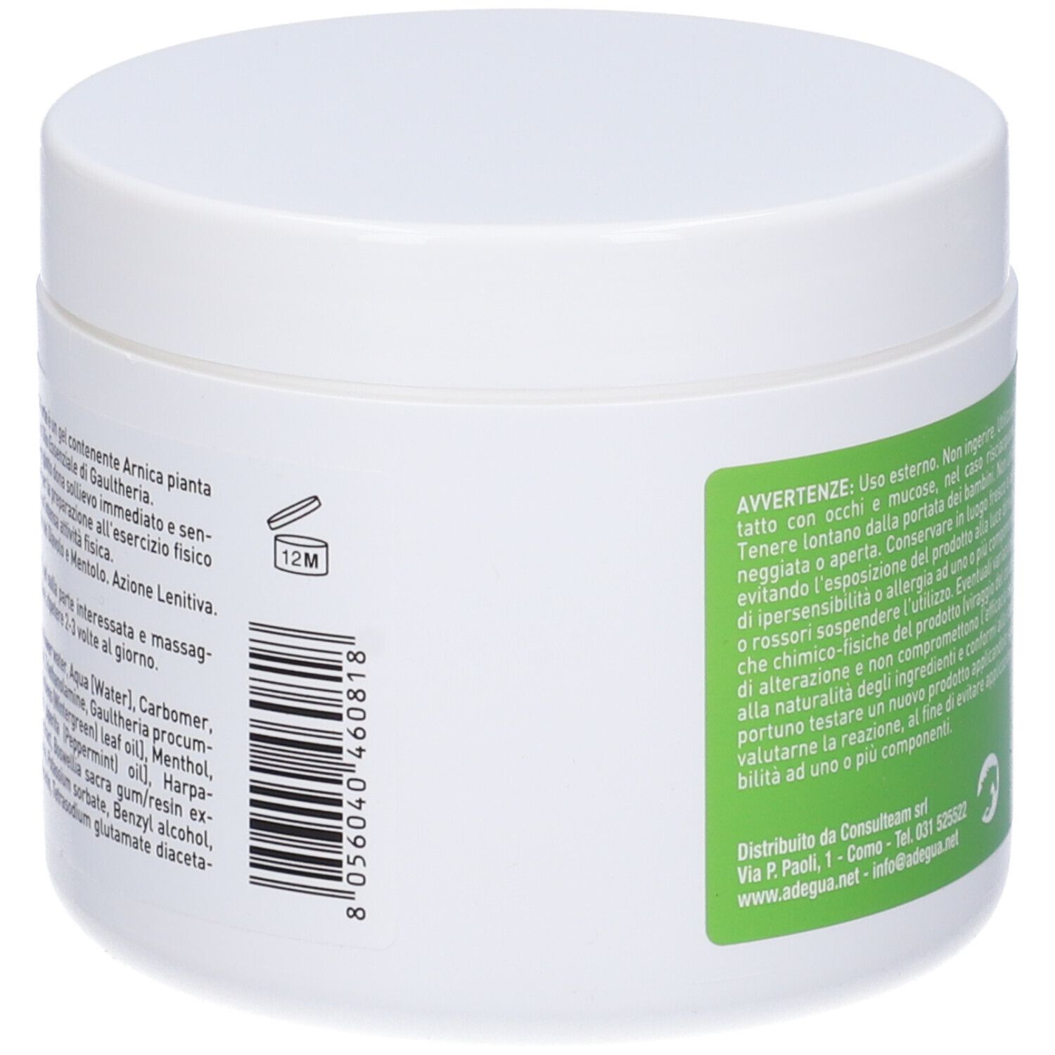 Retro di un vaso bianco con etichetta verde. Testo: Avvertenze, ingredienti, informazioni produttore e istruzioni per il riciclaggio.