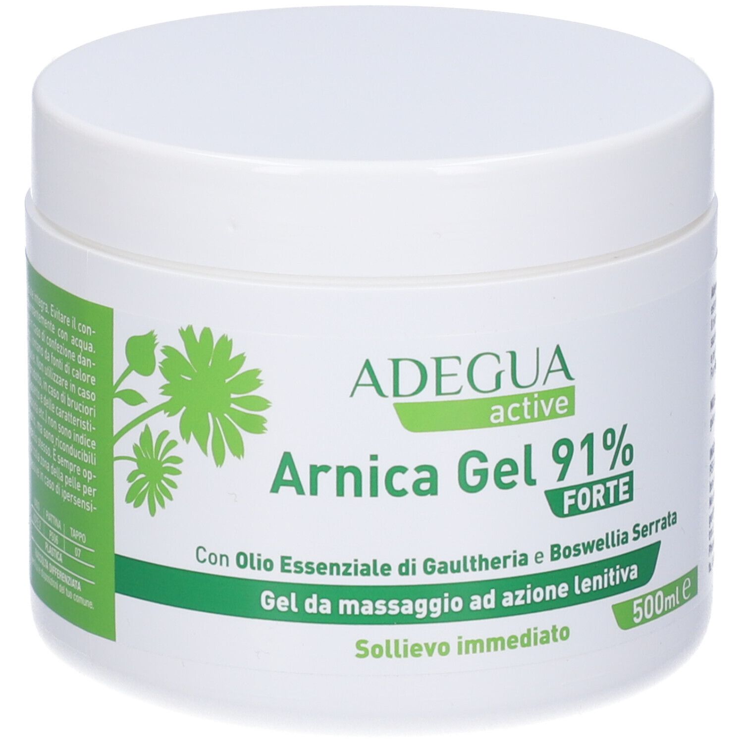 Vaso bianco con etichetta verde. Scritta: ADEGUA active, Arnica Gel 91% Forte. Testo: Gel da massaggio ad azione lenitiva.