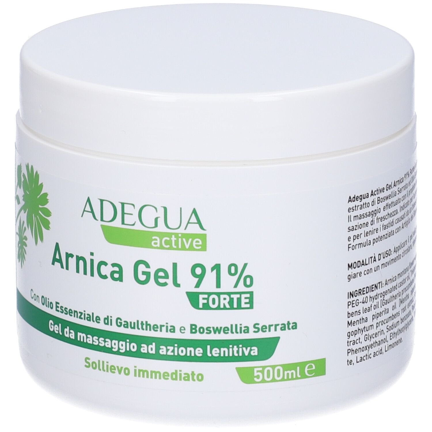 Vaso bianco con etichetta verde. Scritta: ADEGUA active, Arnica Gel 91% Forte. Testo: Gel da massaggio ad azione lenitiva.
