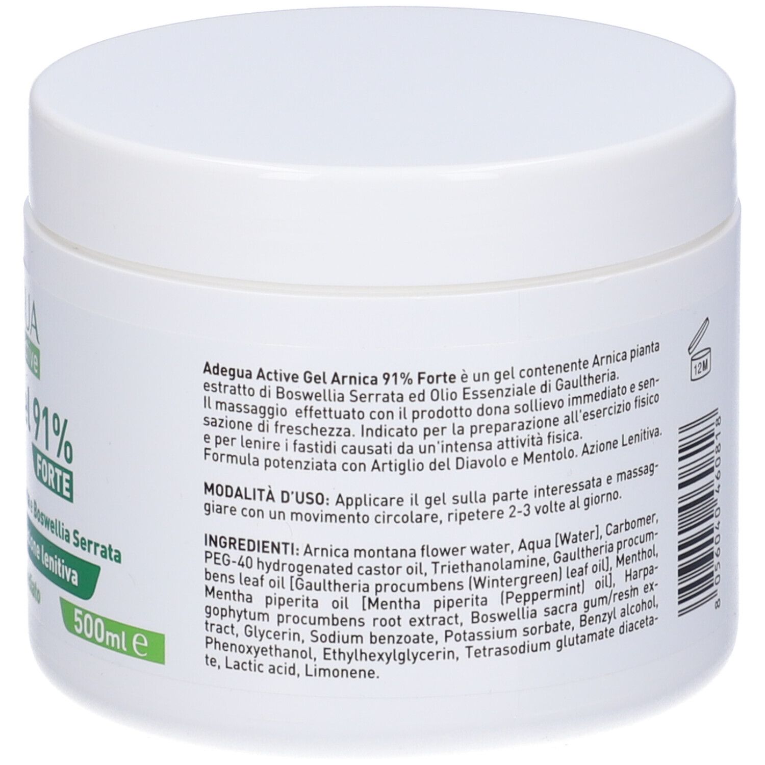 Retro di un vaso bianco con etichetta verde. Testo: Ingredienti, istruzioni per l'uso, informazioni sul produttore e durata.