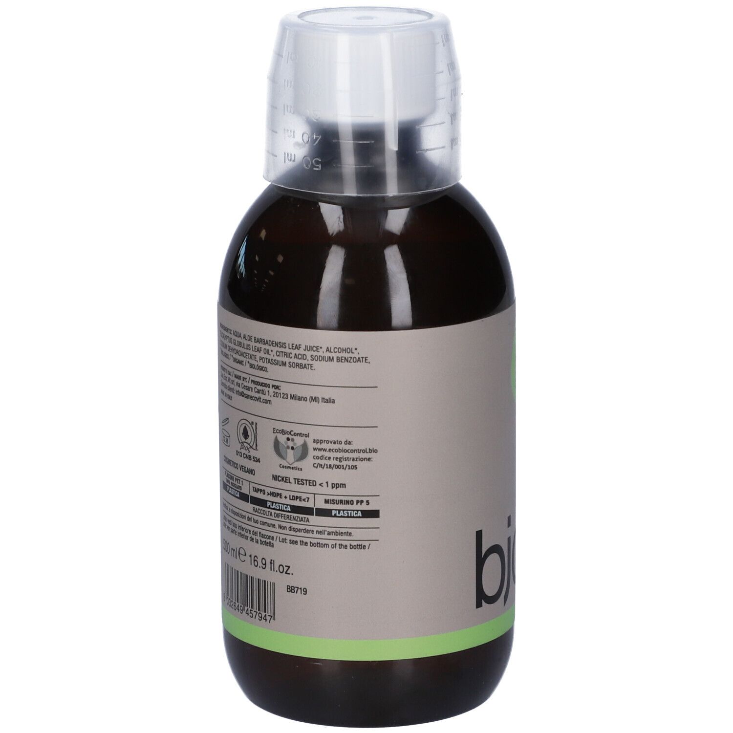 Retro del flacone. Testo: ingredienti, informazioni produttore, certificazioni, 500 ml, 16.9 fl.oz.