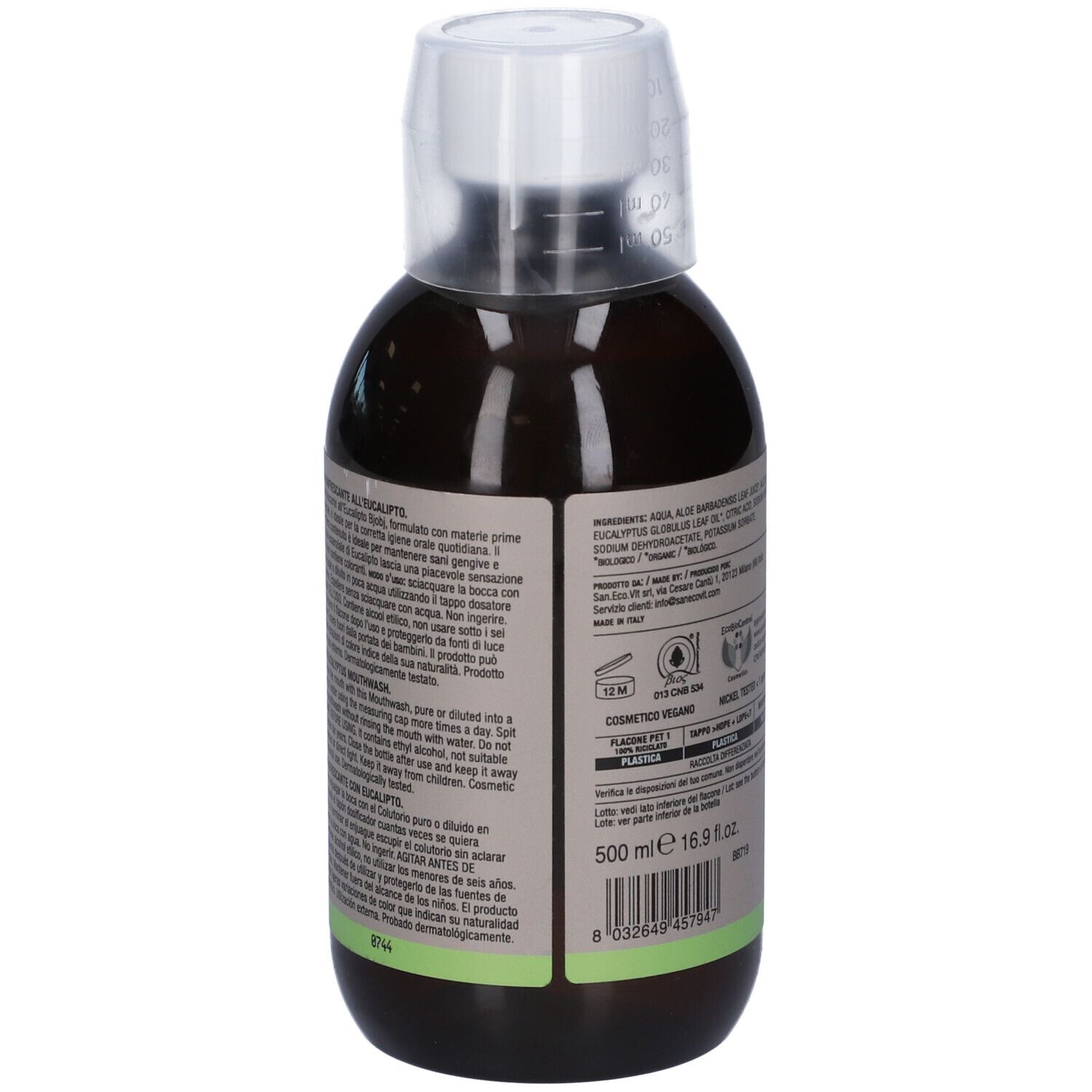 Retro del flacone. Testo: ingredienti, istruzioni per l'uso, 500 ml, 16.9 fl.oz., certificazioni.