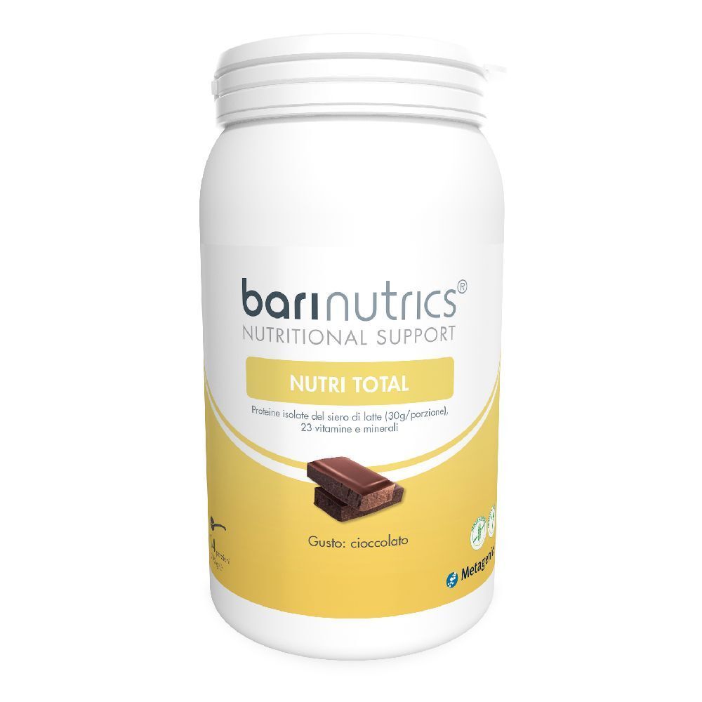Barattolo bianco con etichetta gialla. Scritta: BariNutrics, Nutri Total, gusto cioccolato. Immagine di pezzi di cioccolato.