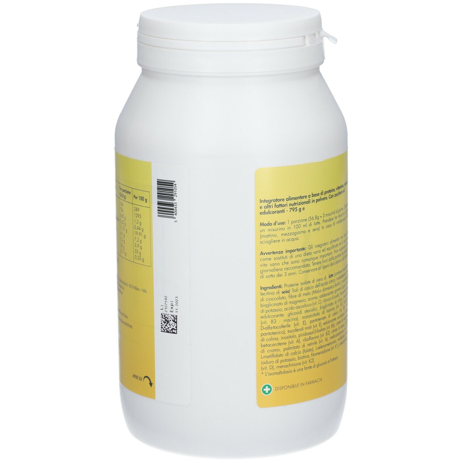 Contenitore bianco con etichetta gialla. Retro con testo e informazioni nutrizionali. 795g. Codice a barre.