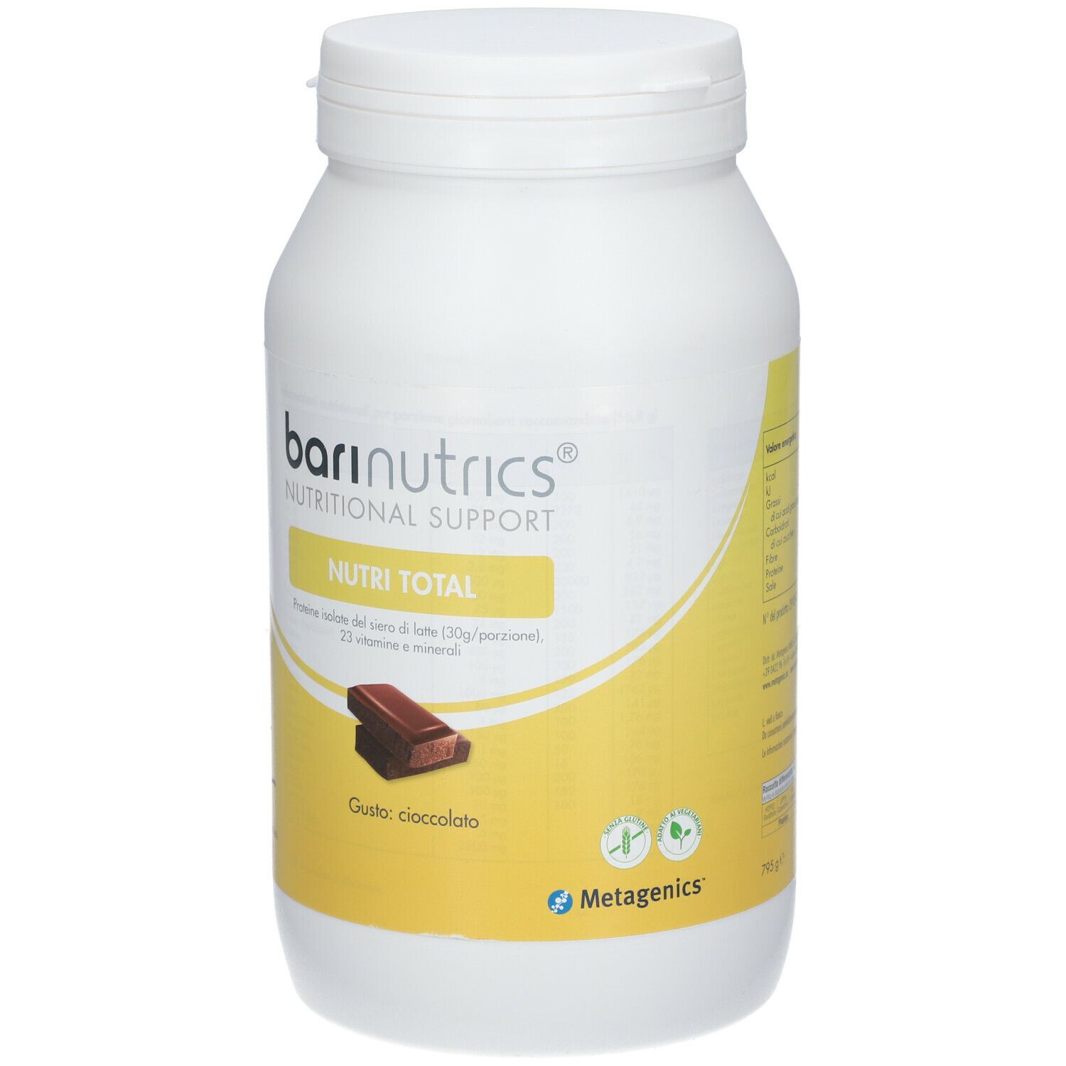 Contenitore bianco con etichetta gialla. Scritta: BariNutrics, Nutri Total, gusto cioccolato. Logo Metagenics.