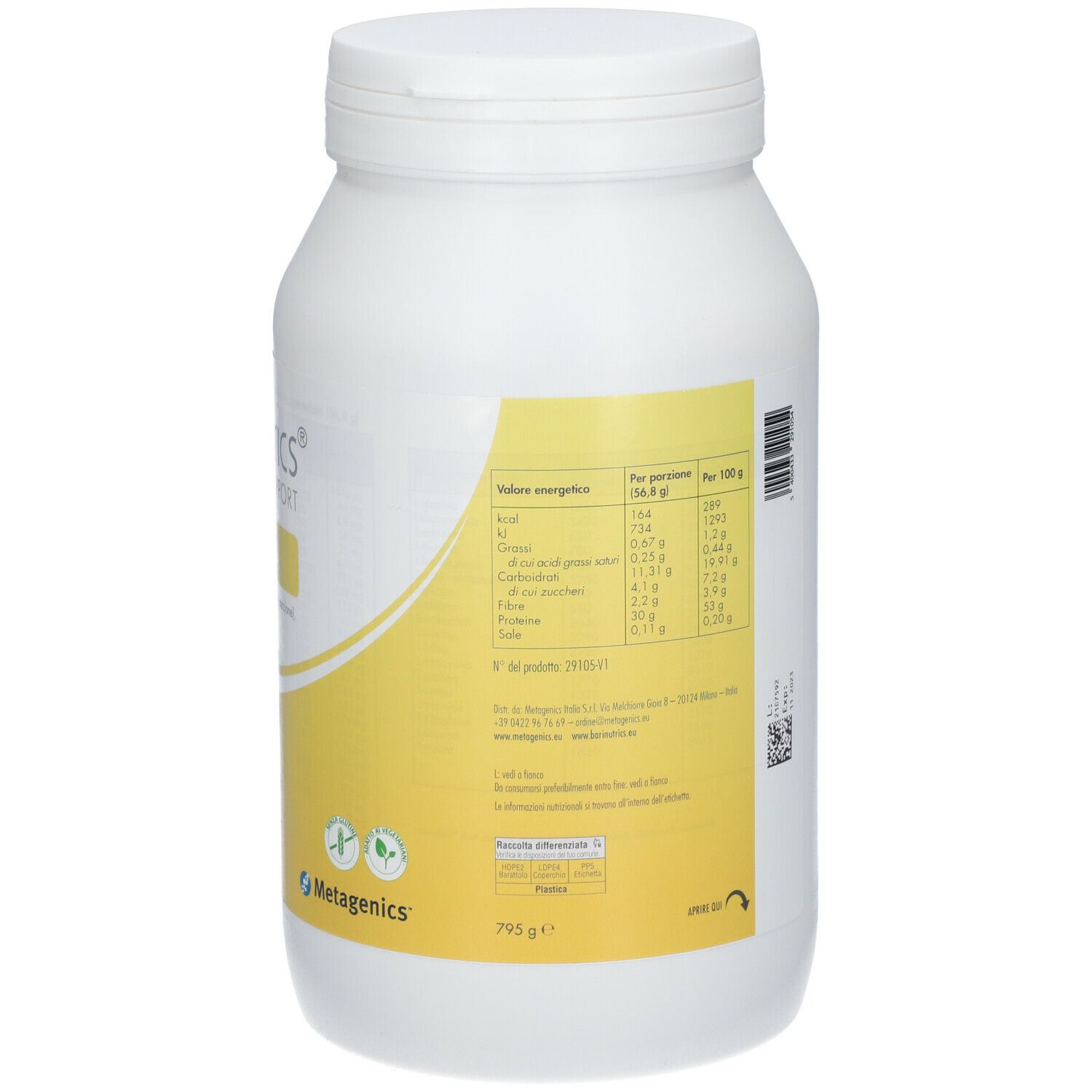 Contenitore bianco con etichetta gialla. Retro con testo e informazioni nutrizionali. 795g. Logo Metagenics.