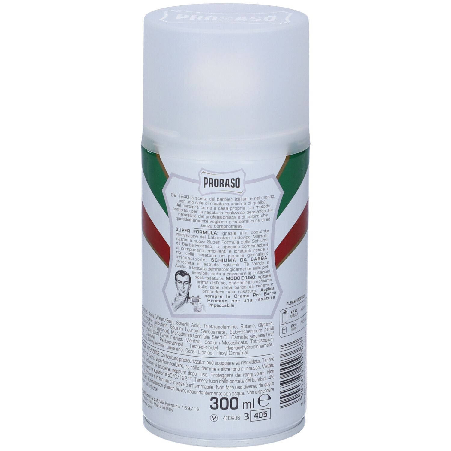 Retro del prodotto Proraso. Testo: Super Formula, Modo d'Uso, 300 ml. Ingredienti e avvertenze. Immagine di un uomo.
