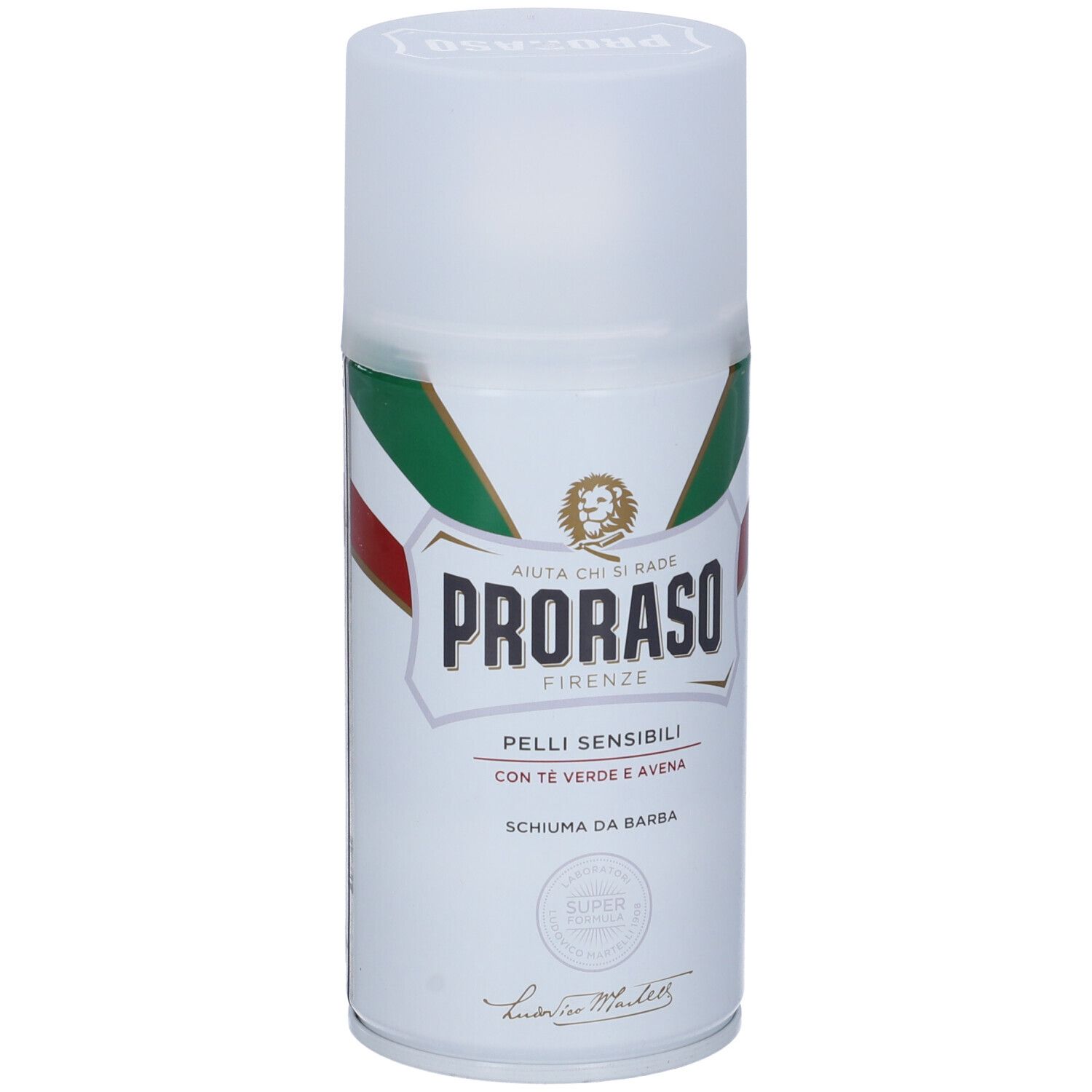 Prodotto Proraso bianco per pelli sensibili. Striscia verde, rossa e bianca, logo leone. Testo: Pelli Sensibili, Schiuma da Barba, tè verde e avena.