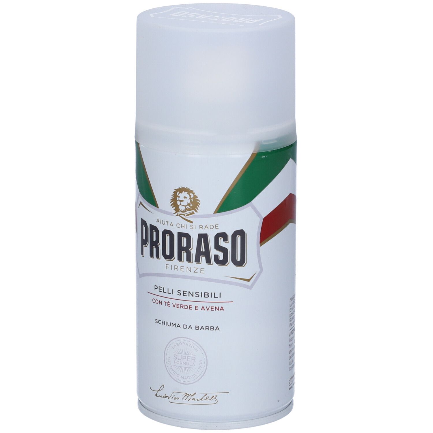 Prodotto Proraso bianco per pelli sensibili. Striscia verde, rossa e bianca, logo leone. Testo: Pelli Sensibili, Schiuma da Barba, tè verde e avena.