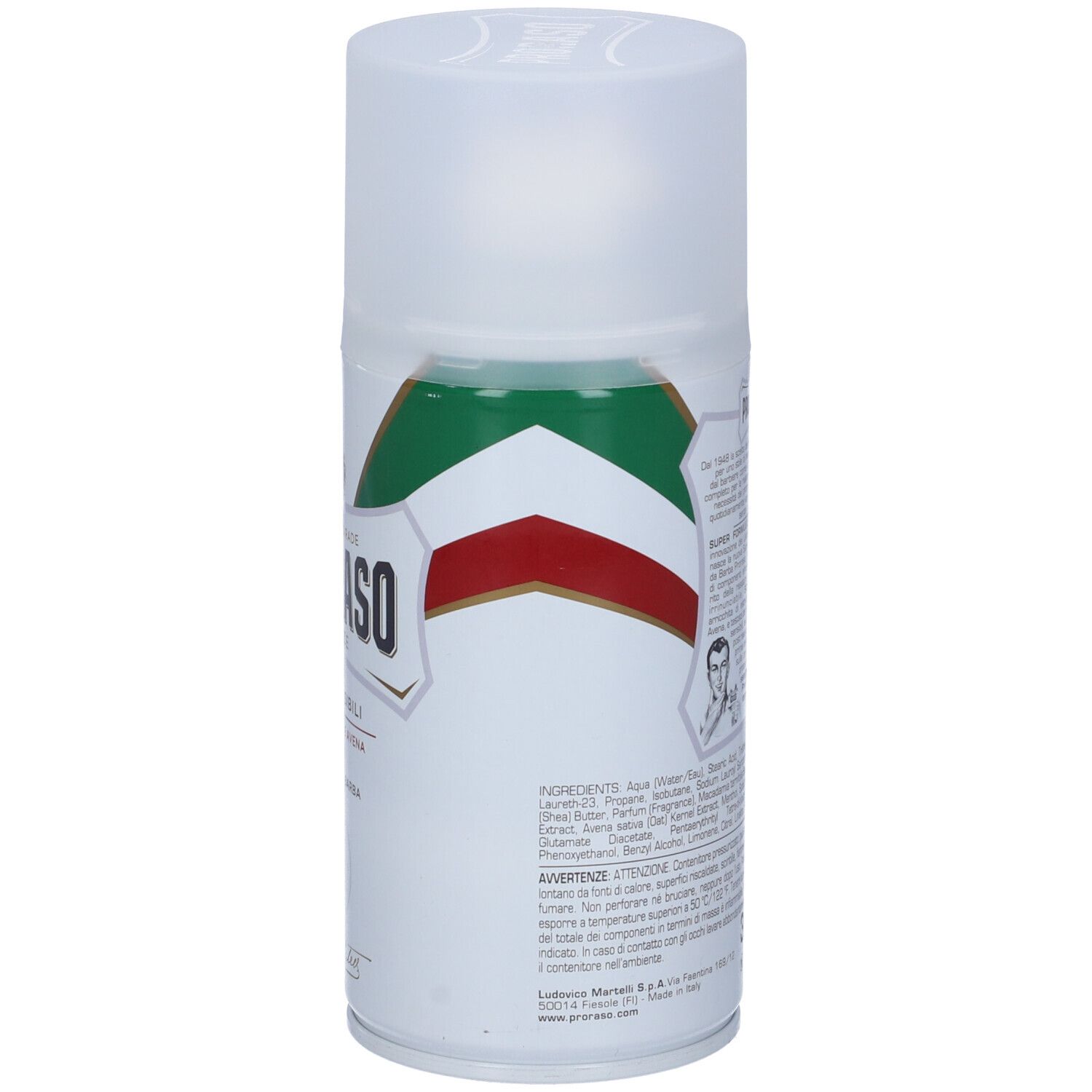 Retro del prodotto Proraso. Striscia verde, rossa e bianca. Testo: Ingredienti, avvertenze. Immagine di un uomo.