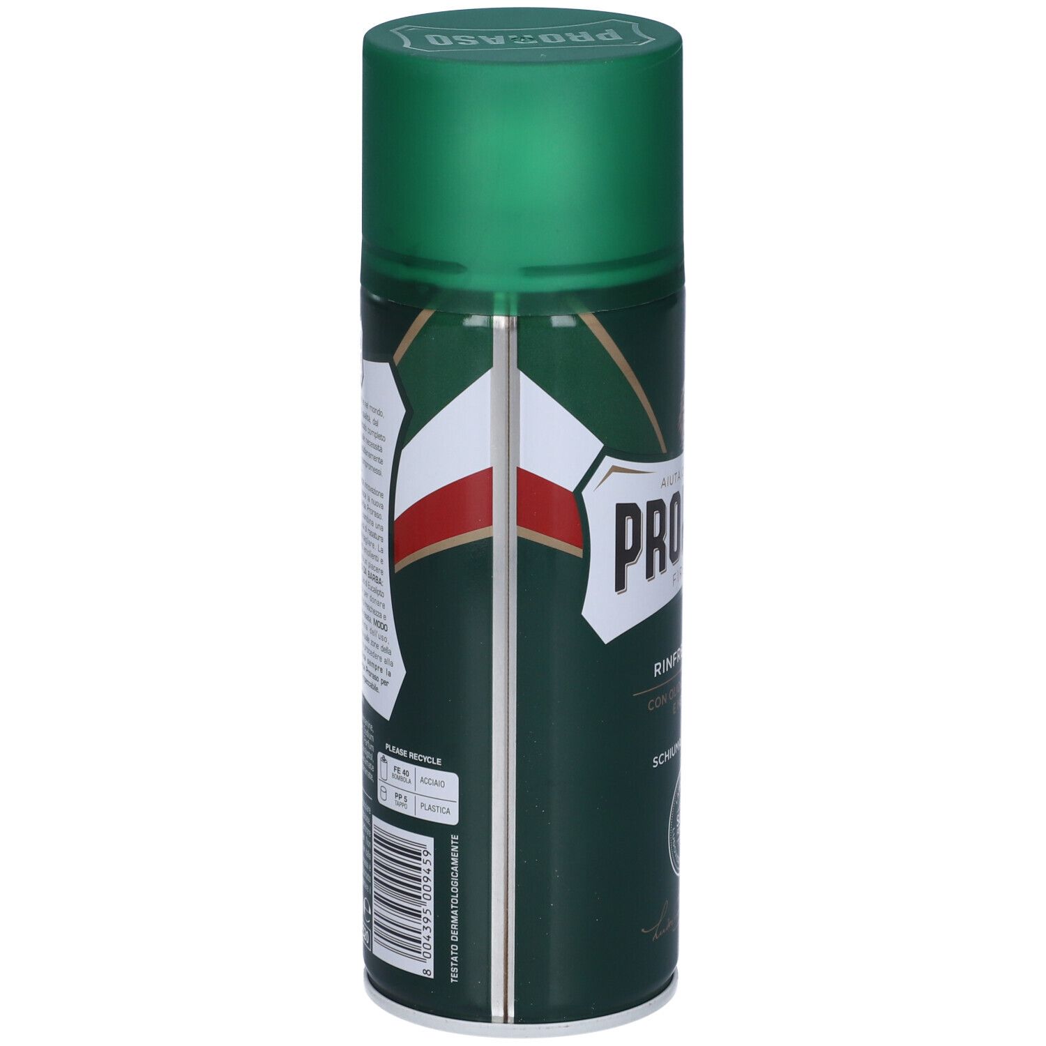 Bomboletta spray verde con logo bianco e rosso. Testo: Proraso, Rinfrescante, Schiuma da Barba.