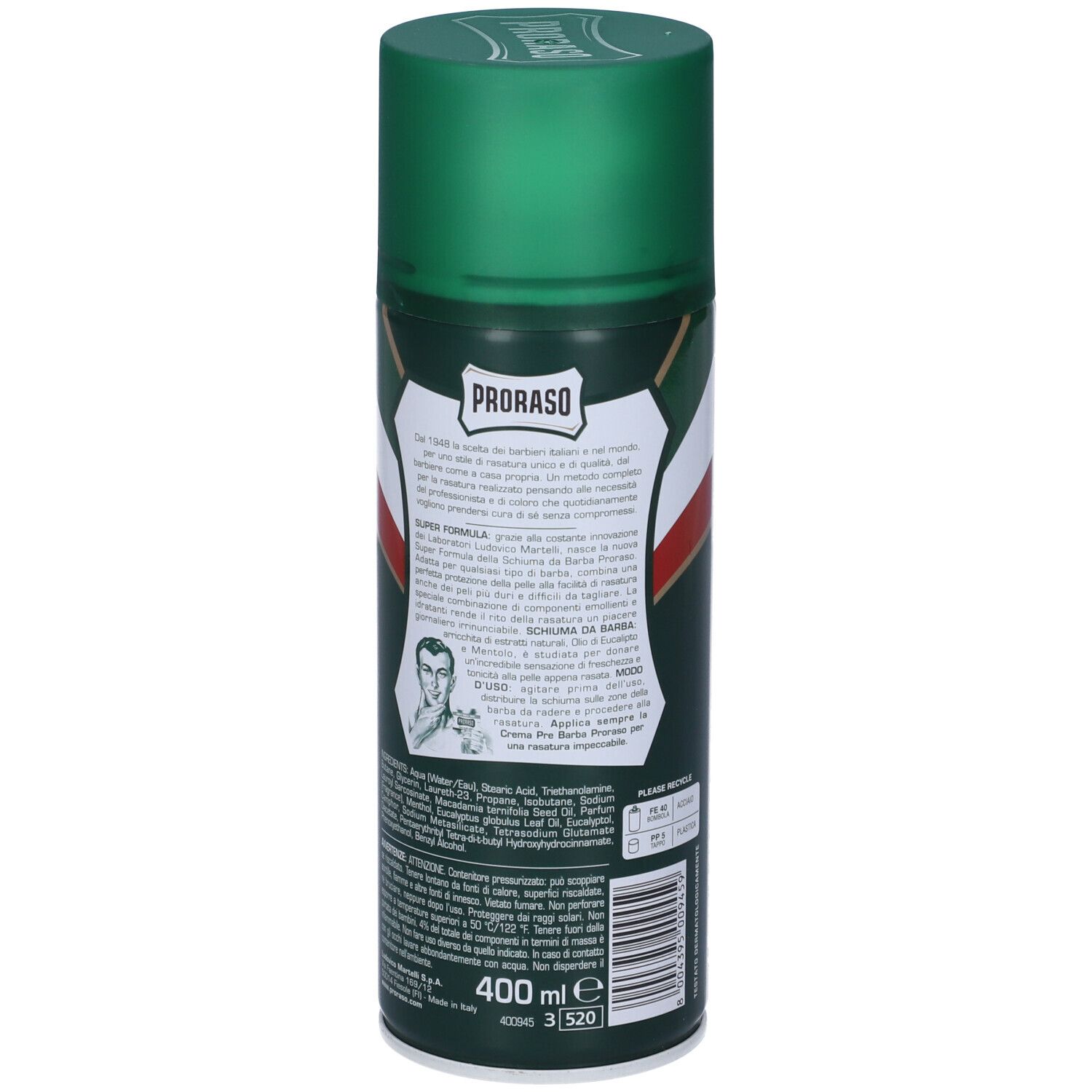 Bomboletta spray verde con testo e logo. Retro con testo e immagine di un uomo. 400 ml.