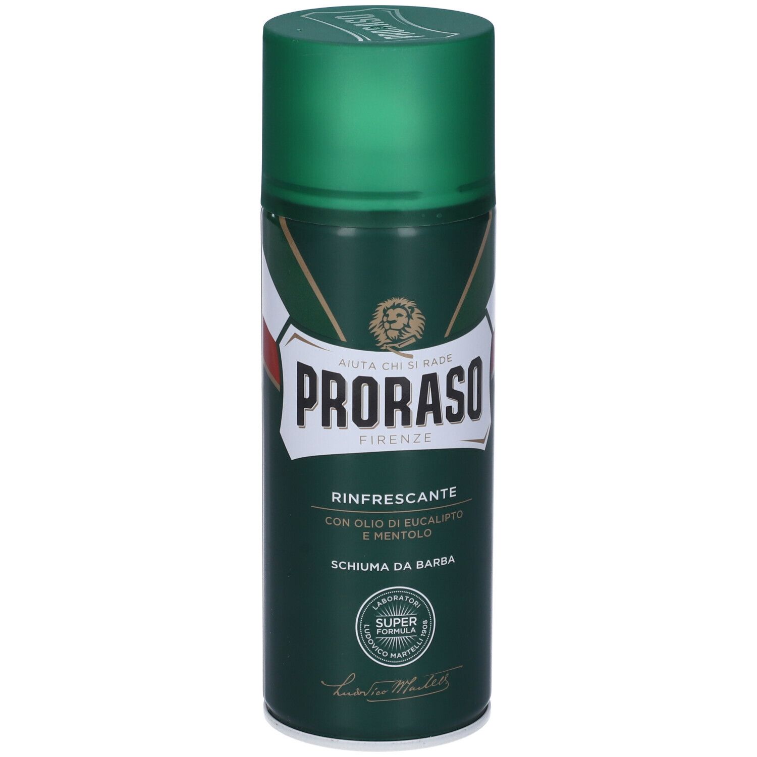 Bomboletta spray verde con logo bianco e testo: Proraso, Rinfrescante, Schiuma da Barba. Con olio di eucalipto.