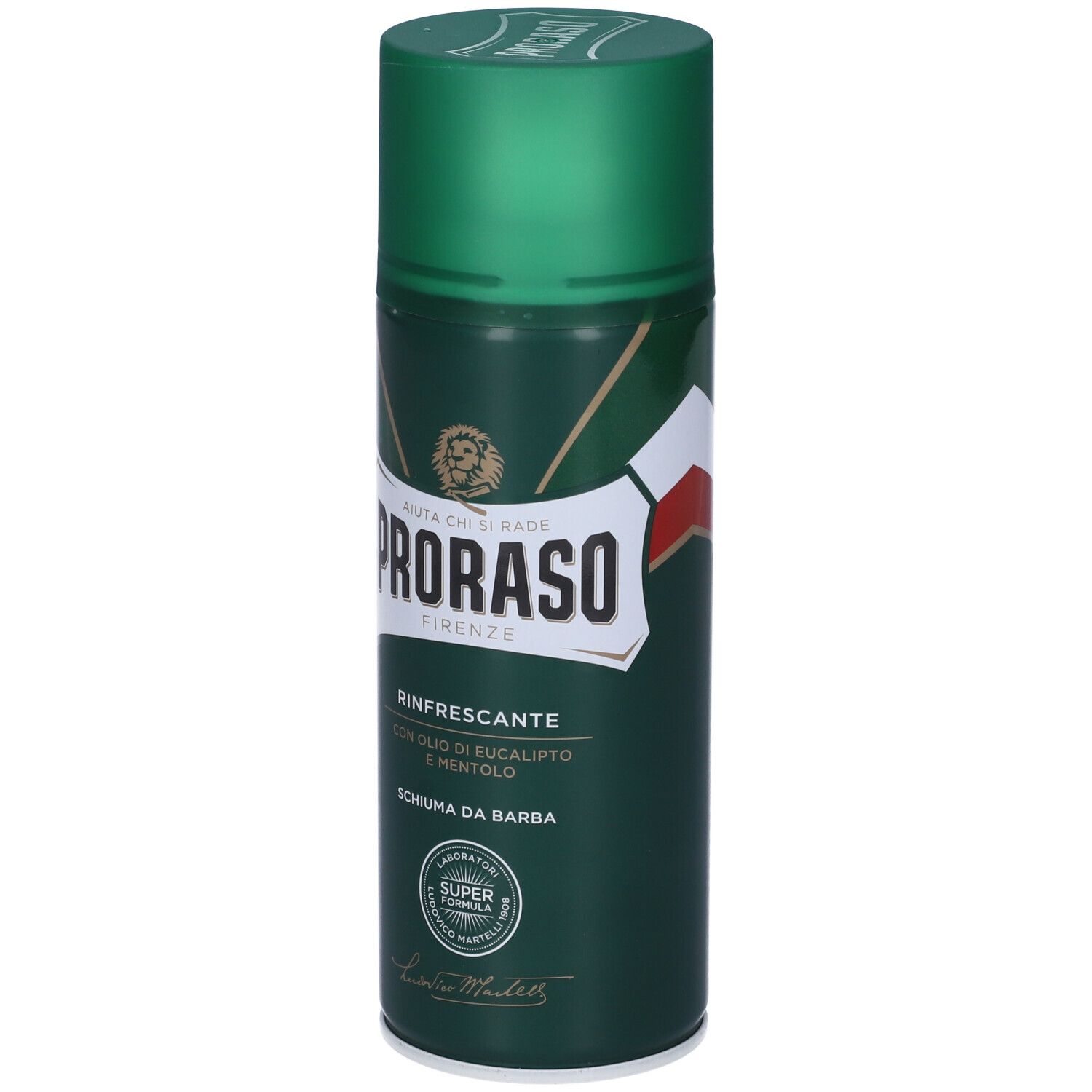 Bomboletta spray verde con logo bianco e testo: Proraso, Rinfrescante, Schiuma da Barba. Con olio di eucalipto.