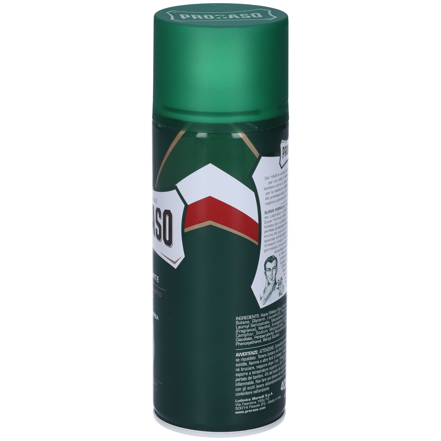 Bomboletta spray verde con logo bianco e testo. Immagine di un uomo. 400 ml. Testo: Proraso, Rinfrescante.
