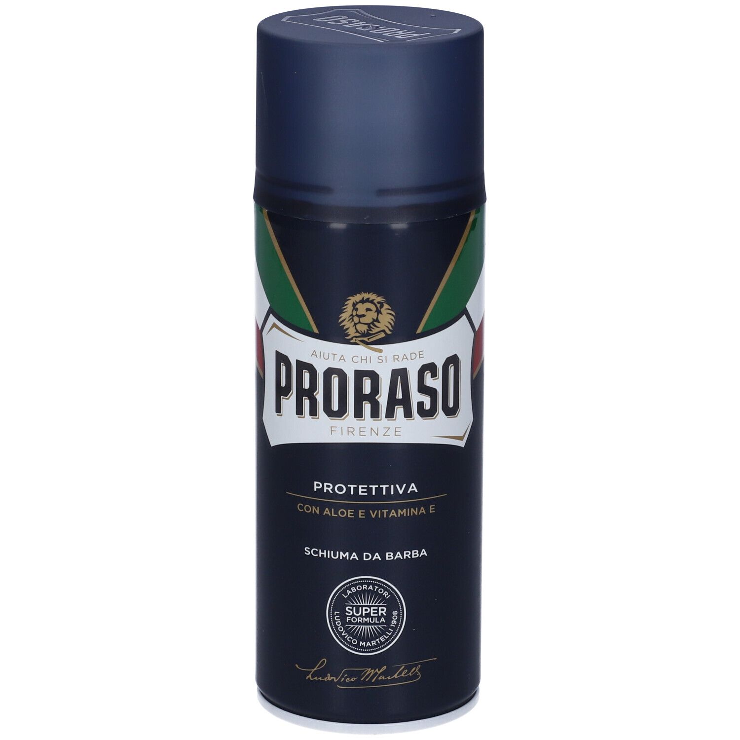 Bomboletta spray blu scuro con coperchio. Logo Proraso e bandiera italiana. Testo: Schiuma da Barba Protettiva.