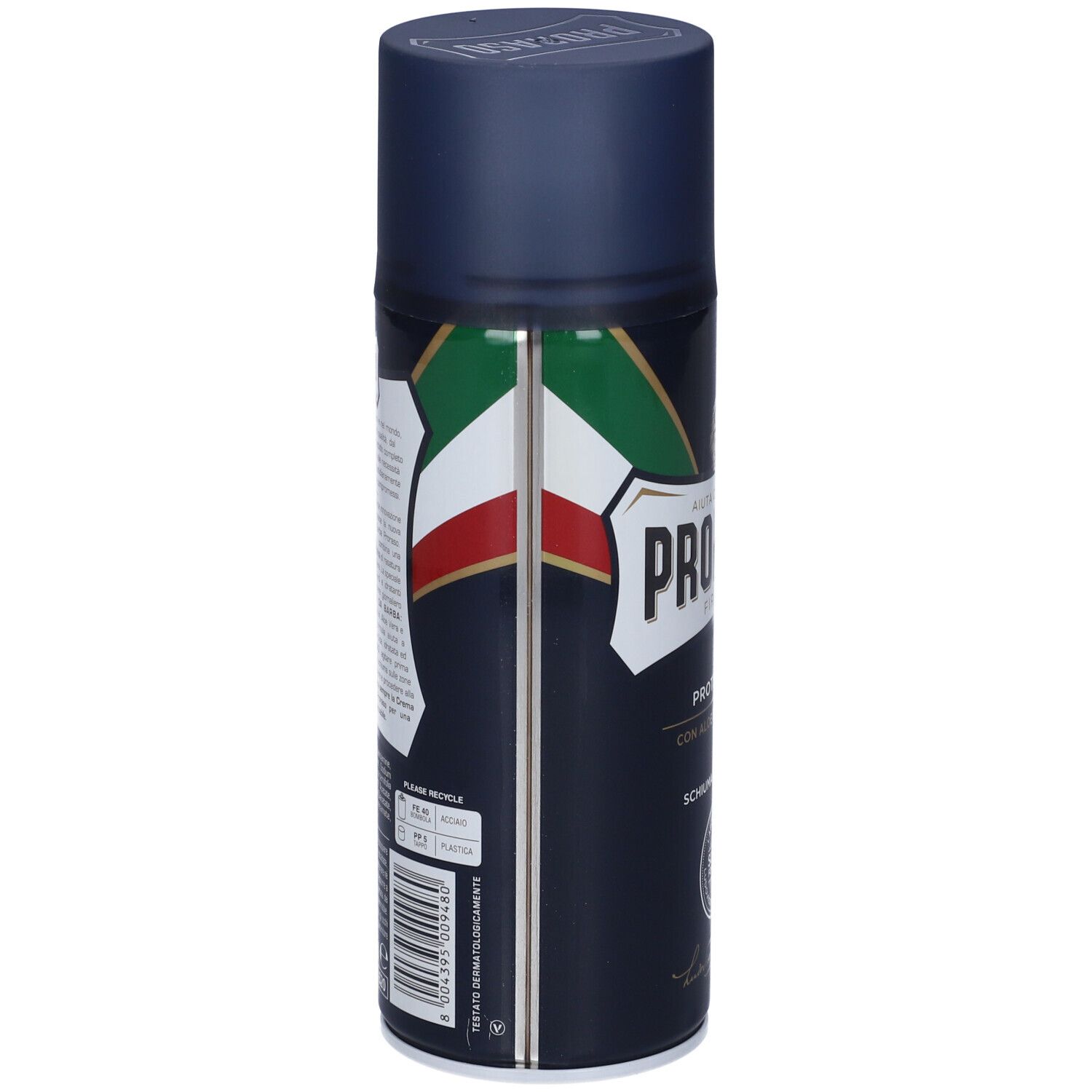 Bomboletta spray blu scuro con coperchio. Retro con testo e bandiera italiana. Codice a barre e informazioni sul prodotto.