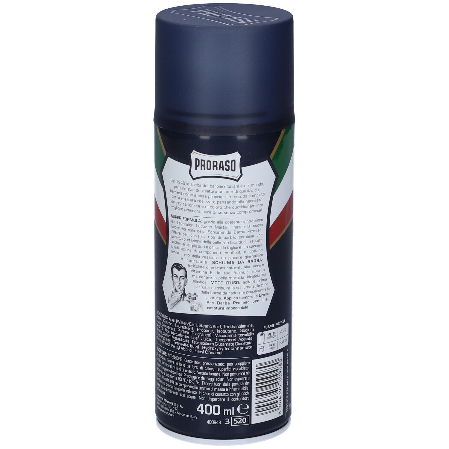 Bomboletta spray blu scuro con coperchio. Retro con testo, bandiera italiana e illustrazione. Volume: 400 ml.