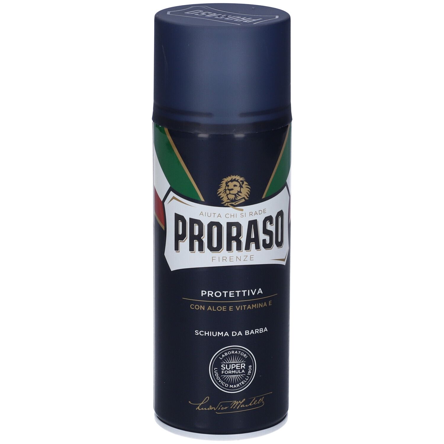 Bomboletta spray blu scuro con coperchio. Logo Proraso e bandiera italiana. Testo: Schiuma da Barba Protettiva.