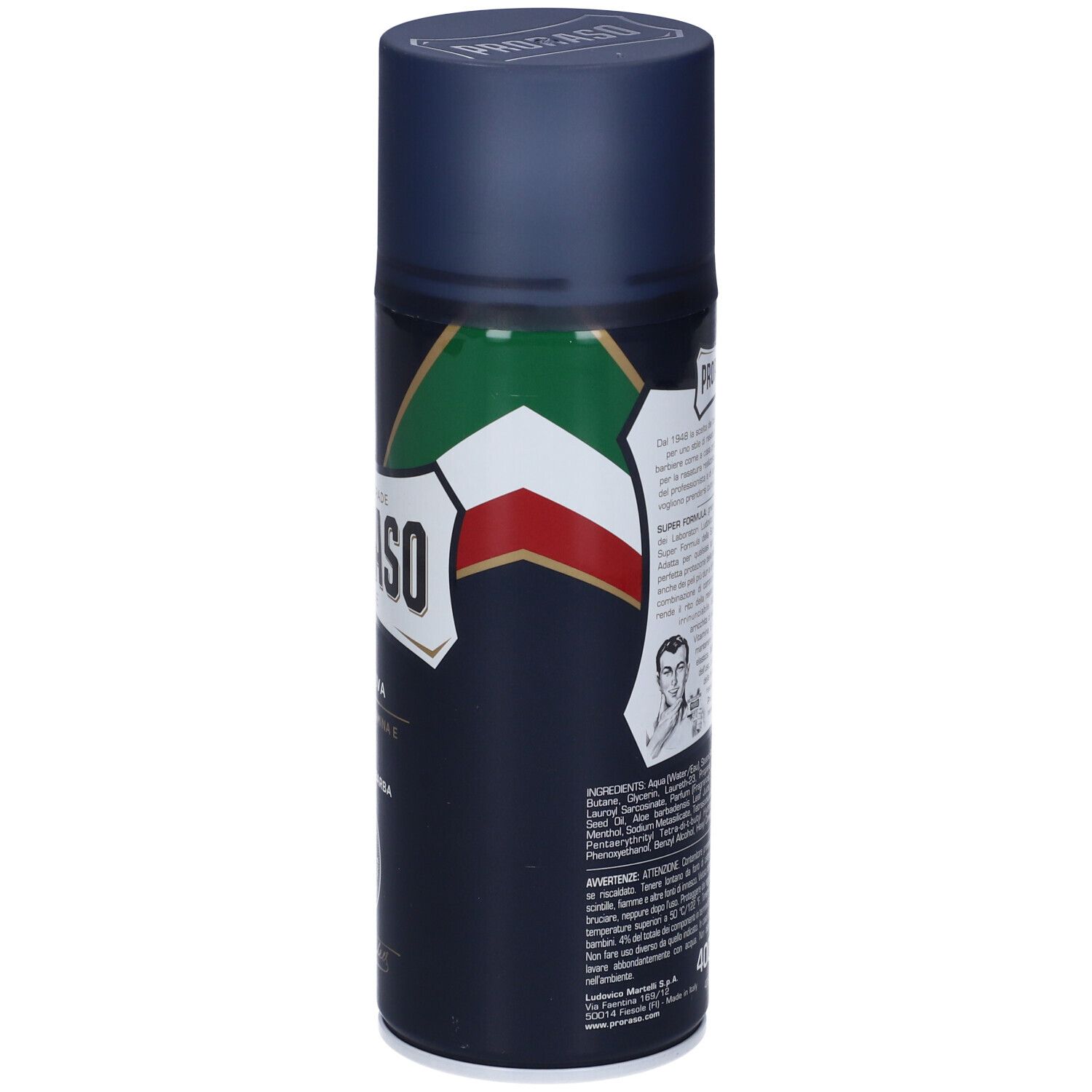 Bomboletta spray blu scuro con coperchio. Retro con testo, bandiera italiana e illustrazione. Informazioni sul prodotto.