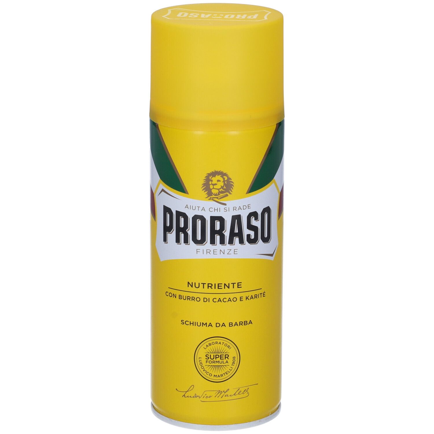 Bomboletta spray gialla con logo verde-bianco-rosso. Testo: Proraso Firenze, Nutriente, Schiuma da Barba. Con burro di cacao e karité.