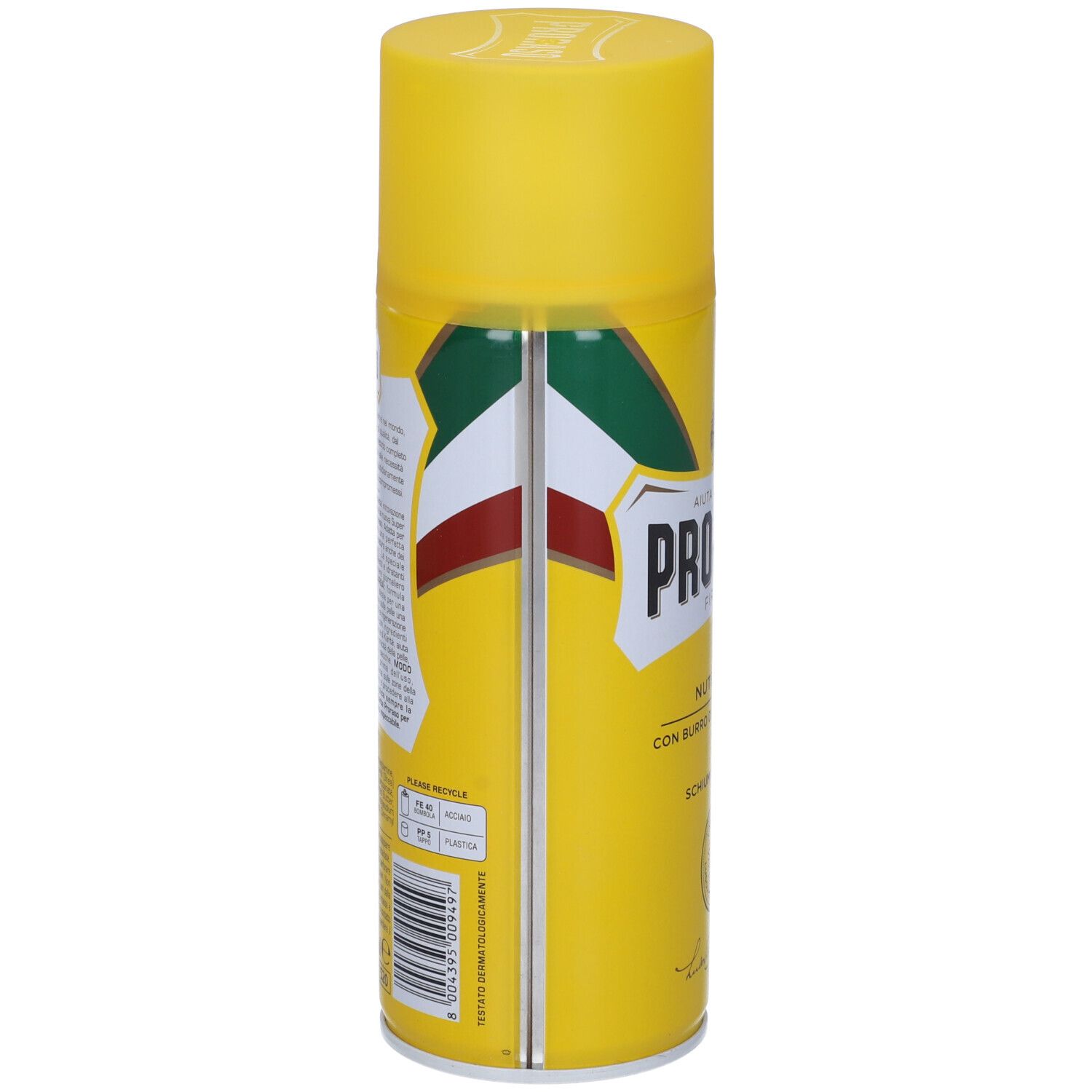 Bomboletta spray gialla, retro con testo e codice a barre. Banda verde-bianco-rossa. Testo: Proraso Firenze, Nutriente, Schiuma da Barba.