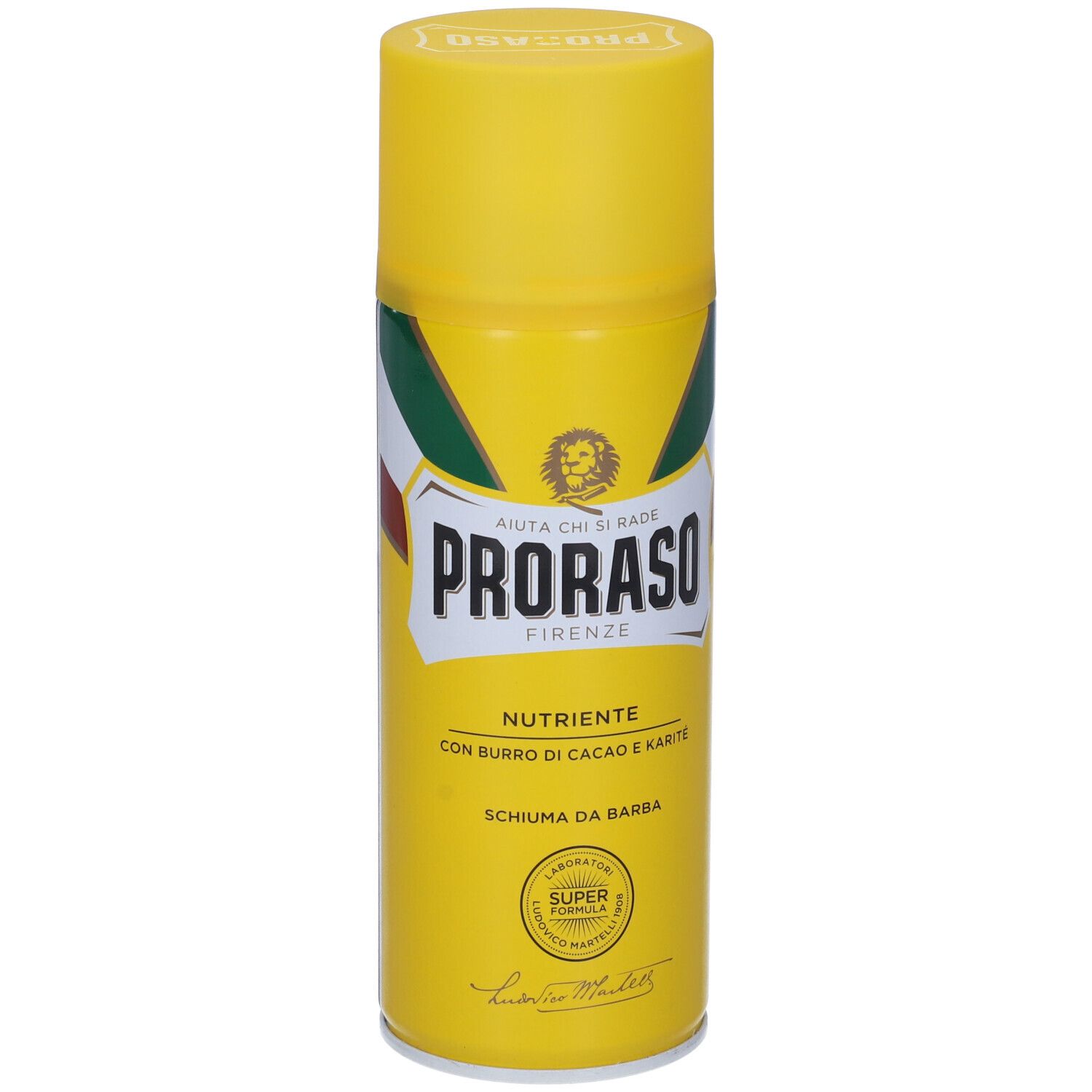 Bomboletta spray gialla con logo verde-bianco-rosso. Testo: Proraso Firenze, Nutriente, Schiuma da Barba. Con burro di cacao e karité.
