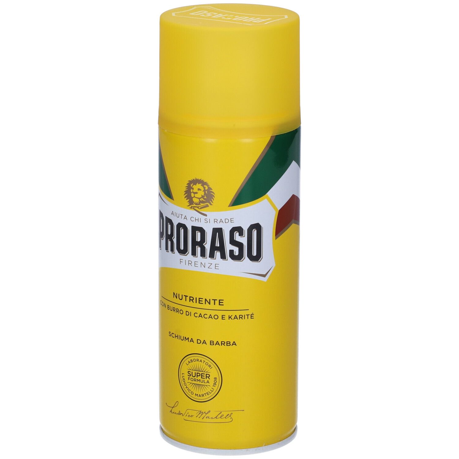 Bomboletta spray gialla con logo verde-bianco-rosso. Testo: Proraso Firenze, Nutriente, Schiuma da Barba. Con burro di cacao e karité.