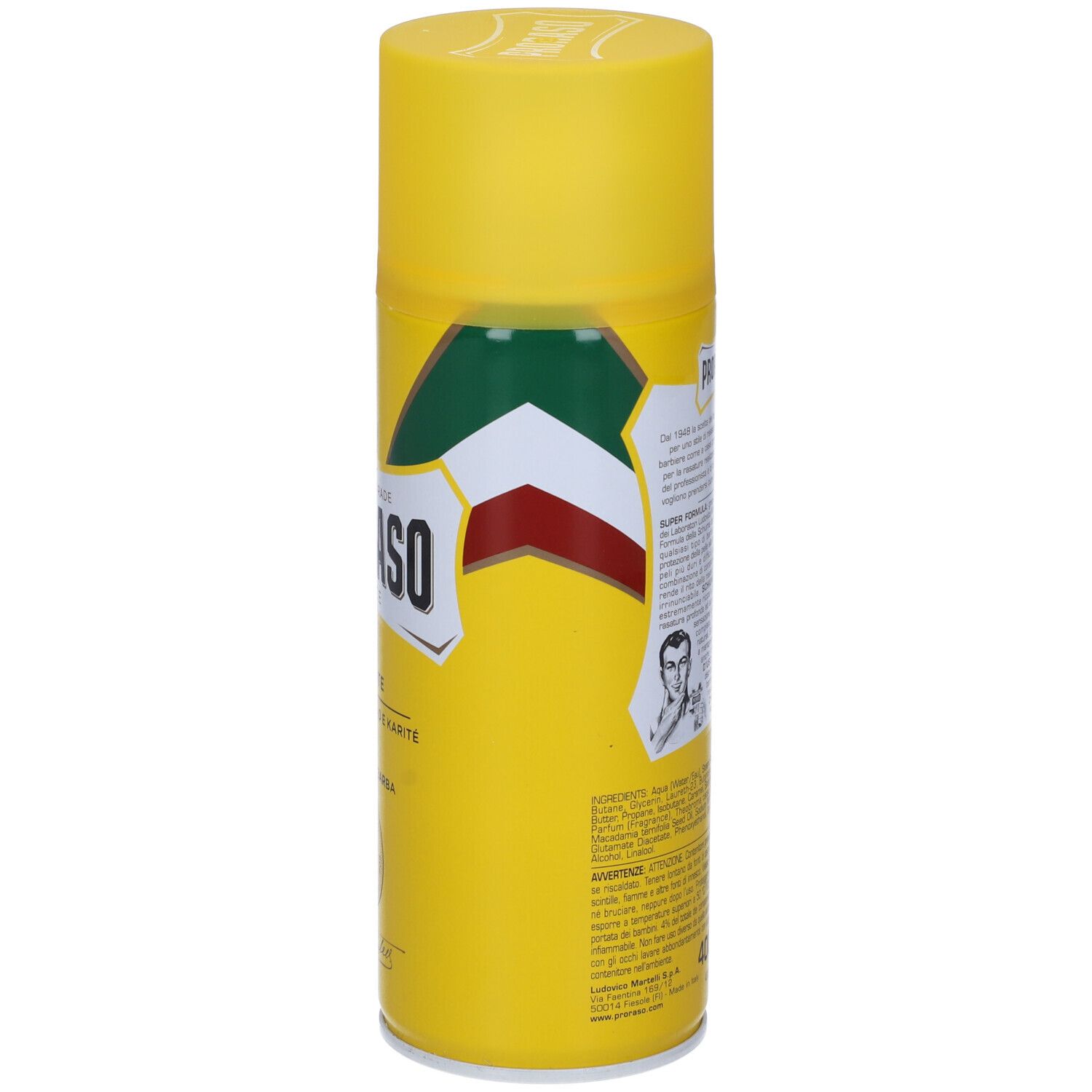 Bomboletta spray gialla, lato con testo e illustrazione. Banda verde-bianco-rossa. Testo: Proraso Firenze, Nutriente, Schiuma da Barba.