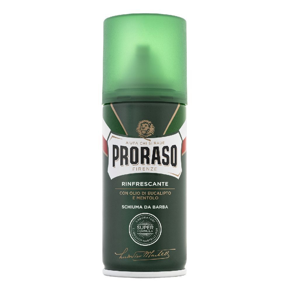 Bomboletta verde con tappo verde. Scritta: PRORASO, Rinfrescante, Schiuma da Barba. Con sigillo.