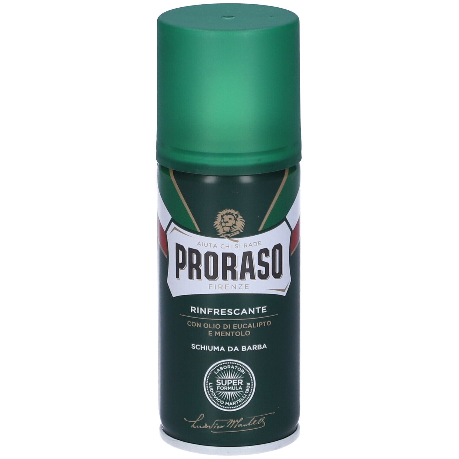 Bomboletta verde con tappo verde. Scritta: PRORASO, Rinfrescante, Schiuma da Barba. Con sigillo.