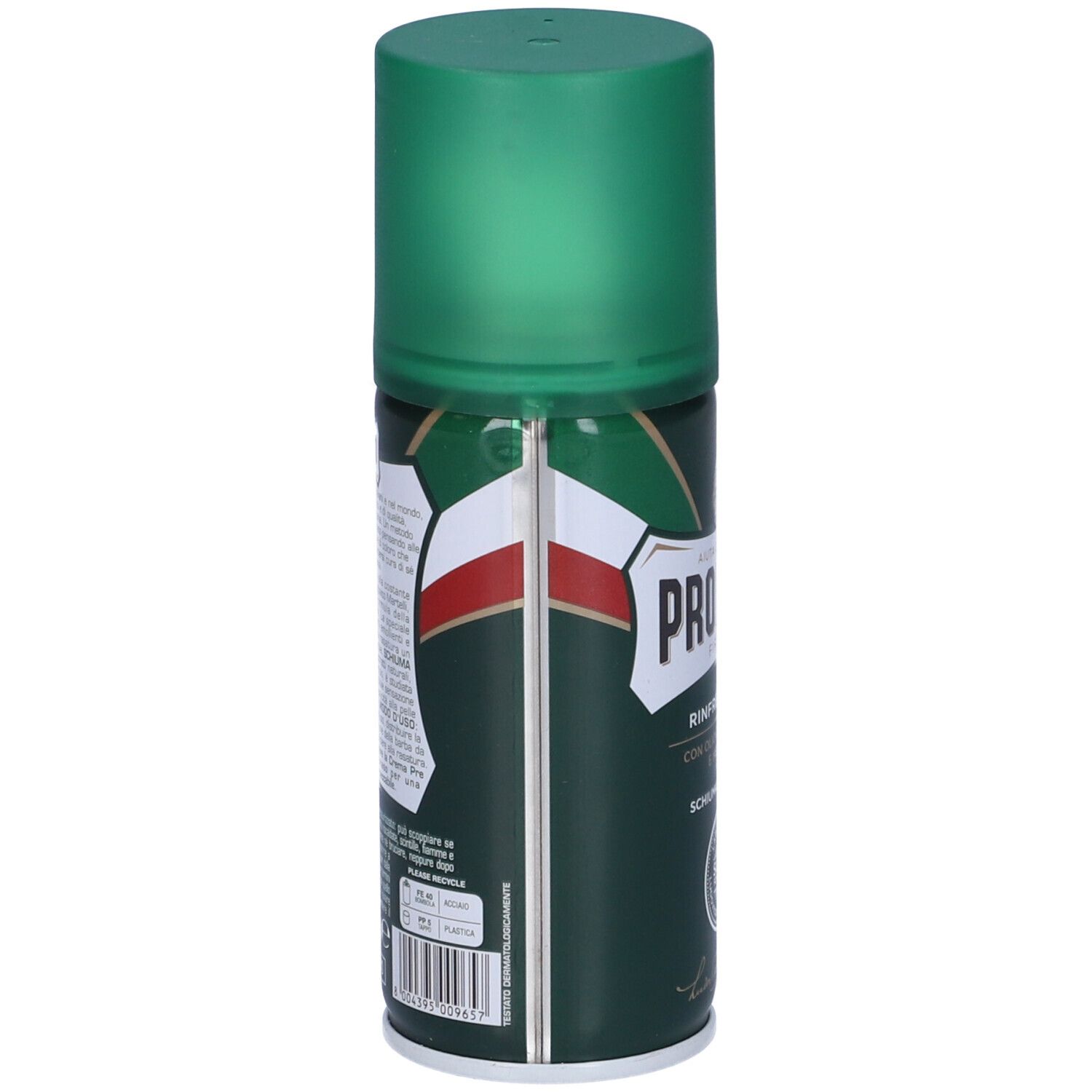 Bomboletta verde con tappo verde. Scritta: PRORASO, Rinfrescante, Schiuma da Barba. Con sigillo.