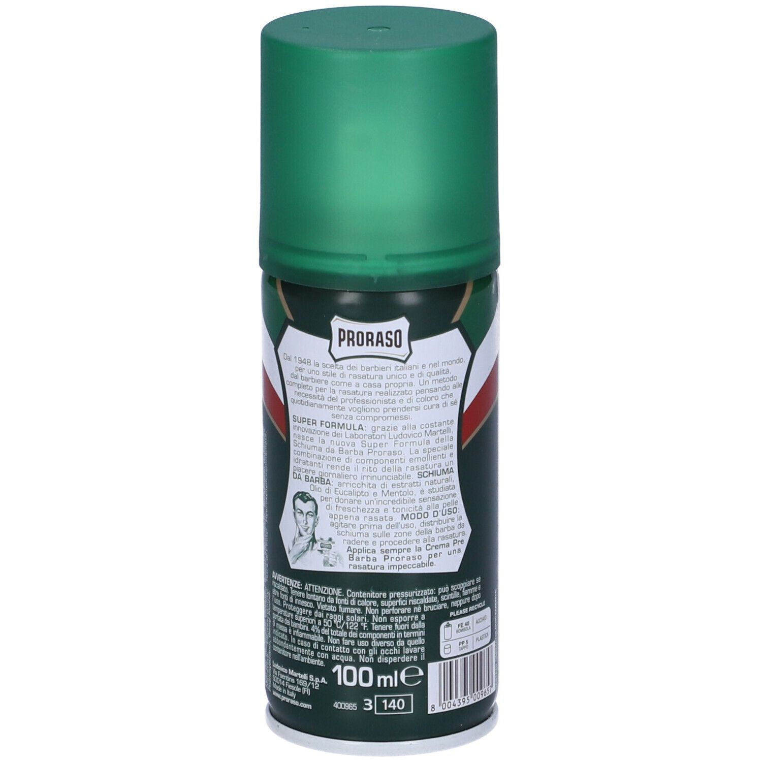 Bomboletta verde con tappo verde. Scritta: PRORASO, Rinfrescante, Schiuma da Barba. Con sigillo.