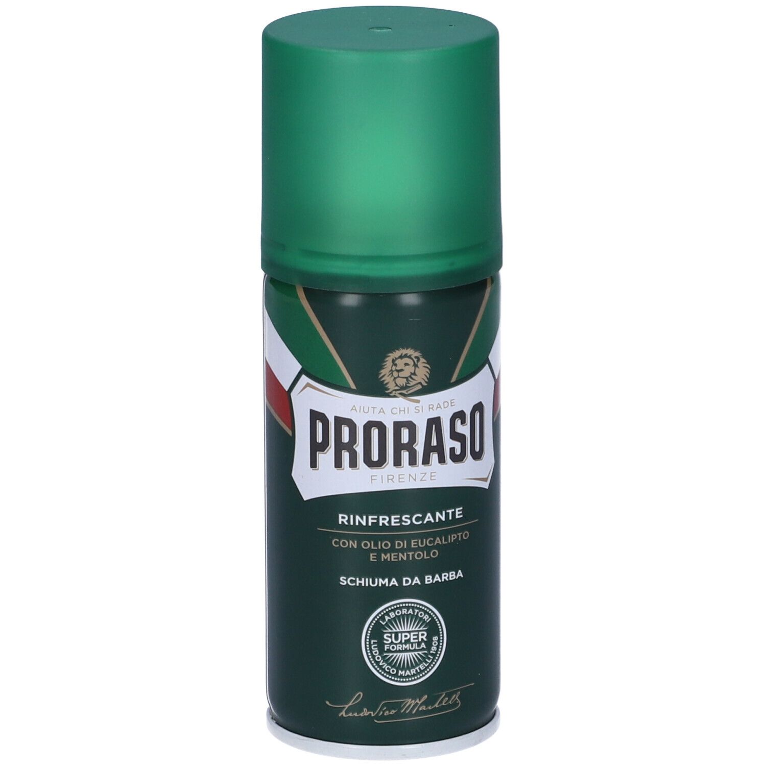 Bomboletta verde con tappo verde. Scritta: PRORASO, Rinfrescante, Schiuma da Barba. Con sigillo.