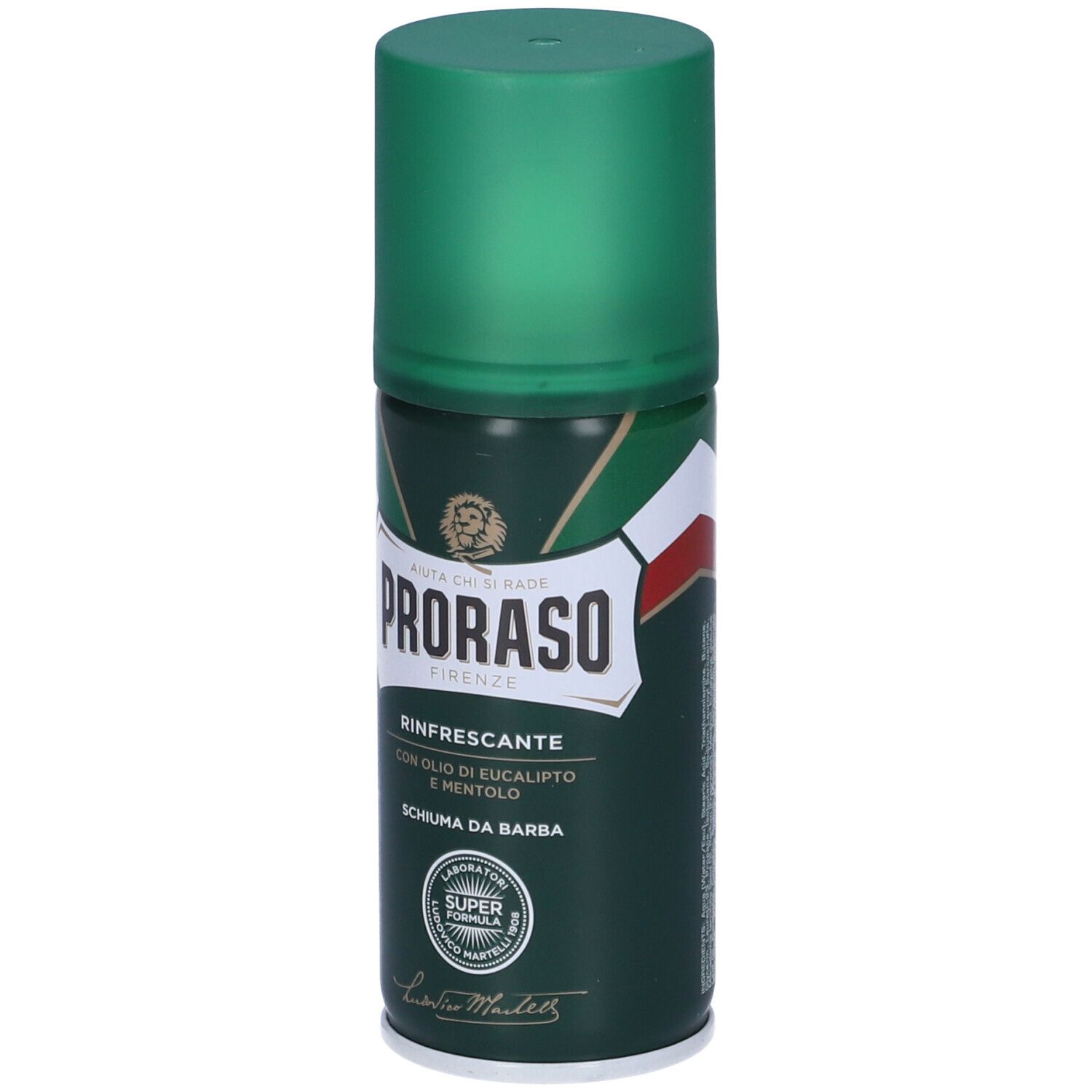 Bomboletta verde con tappo verde. Scritta: PRORASO, Rinfrescante, Schiuma da Barba. Con sigillo.