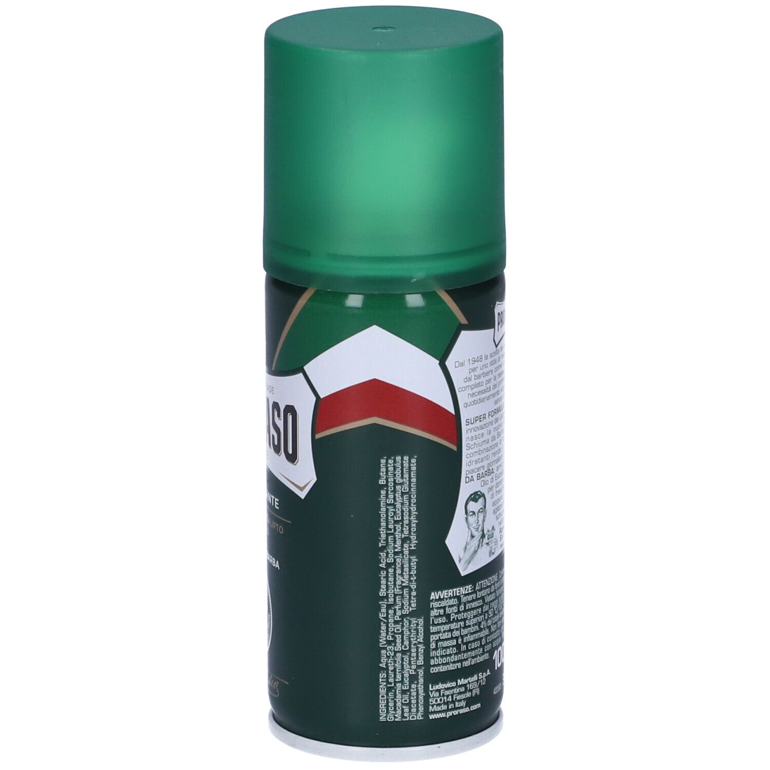 Bomboletta verde con tappo verde. Scritta: PRORASO, Rinfrescante, Schiuma da Barba. Con sigillo.