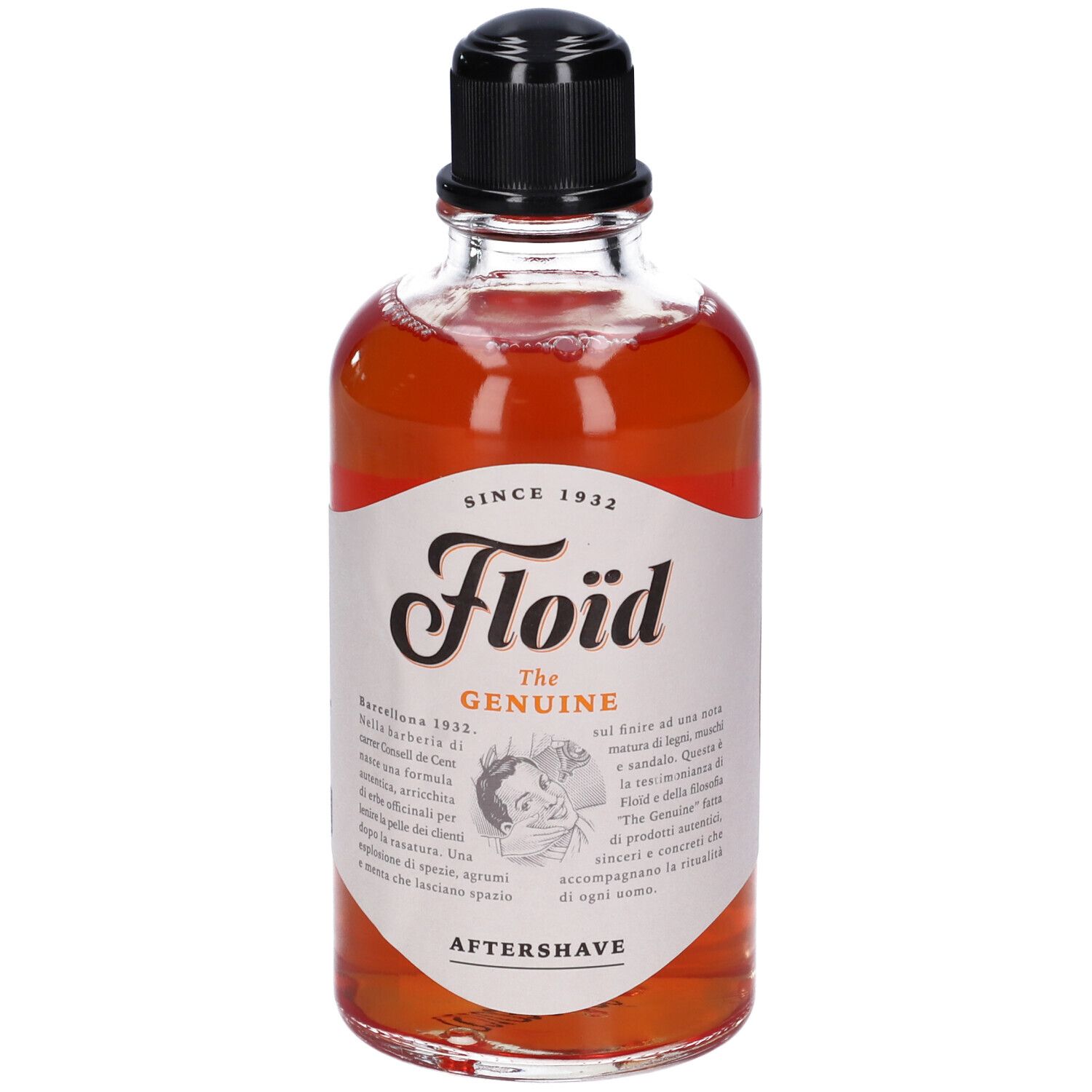 Floïd The Genuine Dopobarba. Bottiglia con liquido rosso, tappo nero ed etichetta. Scritta: Aftershave.