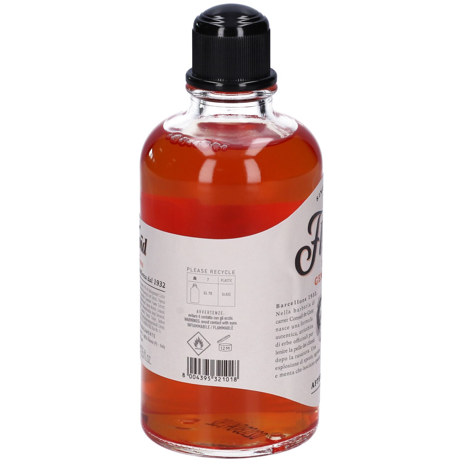 Floïd The Genuine Dopobarba. Retro della bottiglia con liquido rosso. Etichetta con testo e simboli di riciclaggio. Tappo nero.