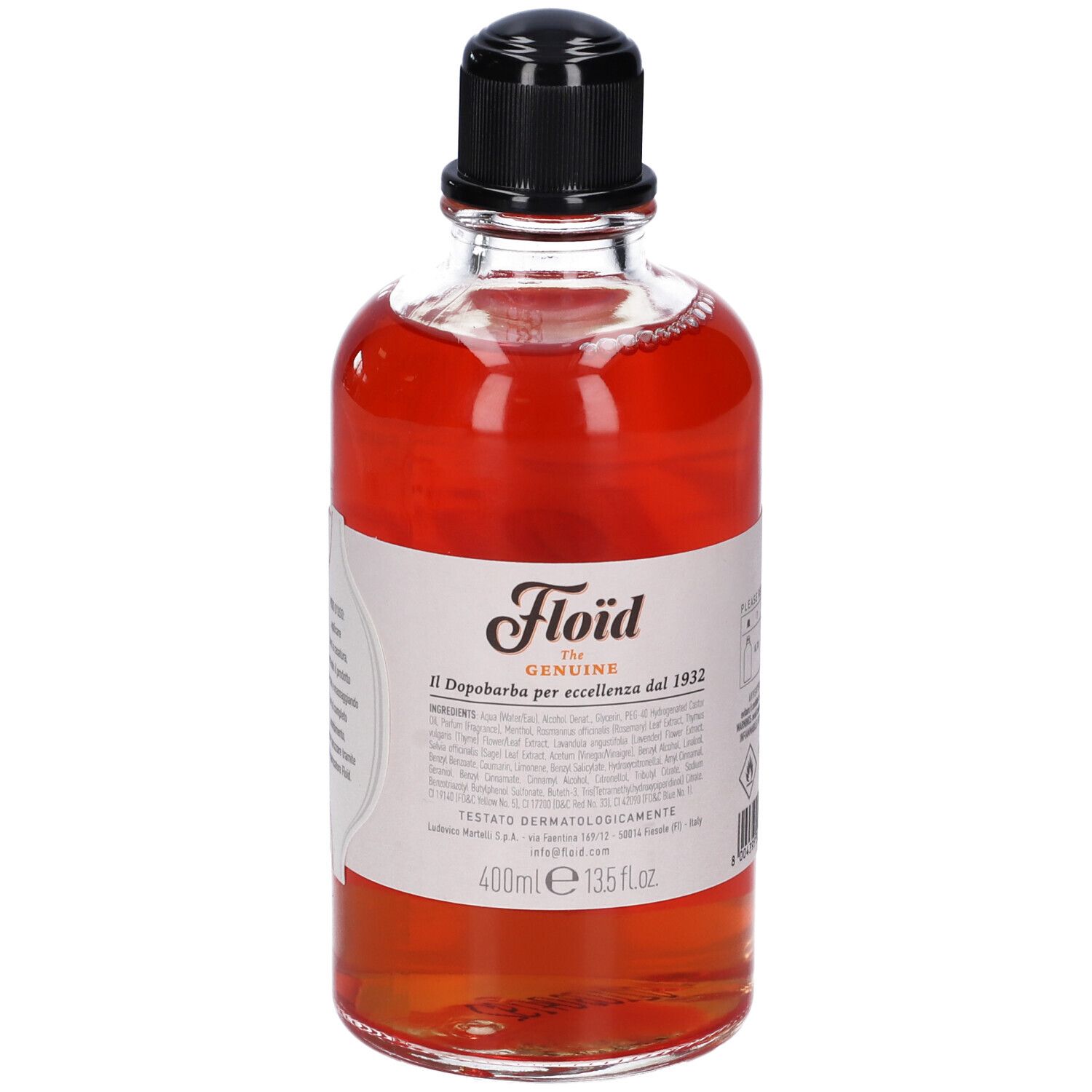 Floïd The Genuine Dopobarba. Bottiglia con liquido rosso, tappo nero ed etichetta. Scritta: 400ml 13.5 fl.oz.