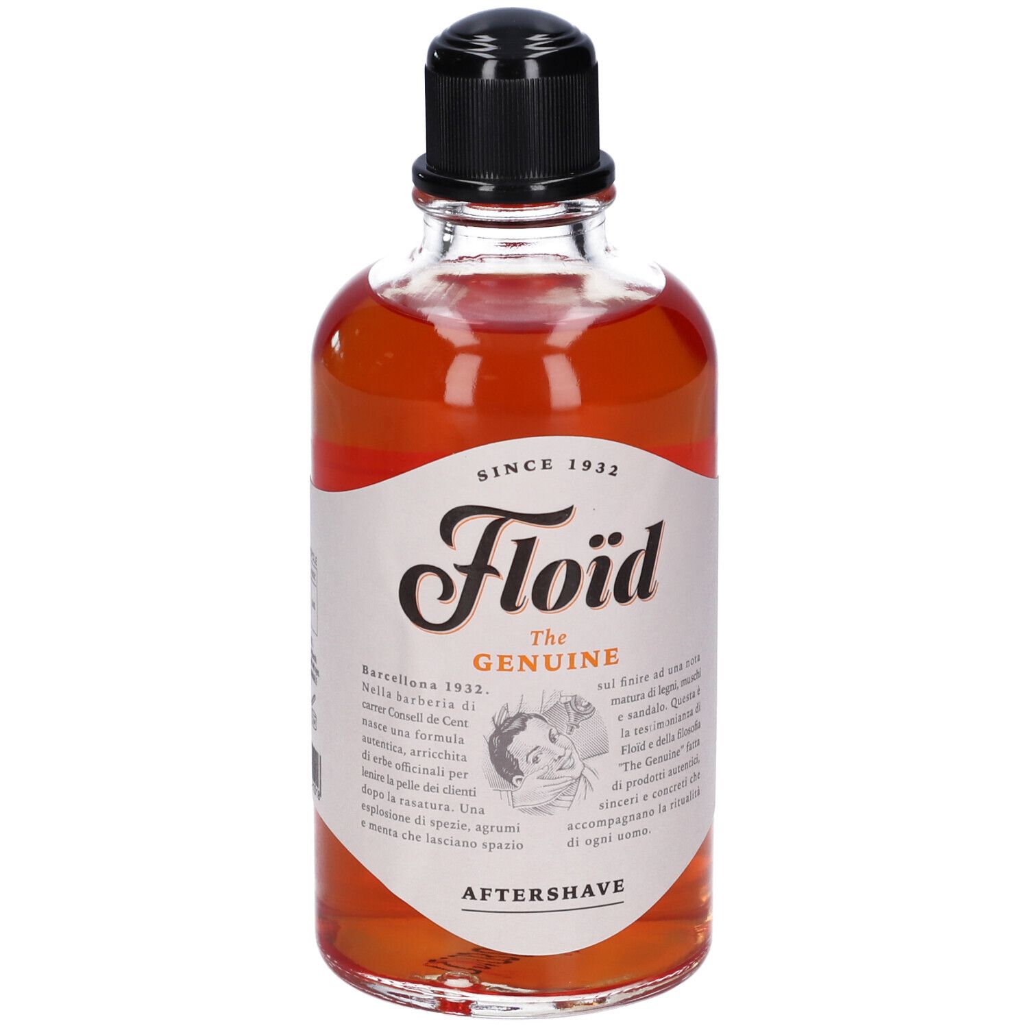 Floïd The Genuine Dopobarba. Bottiglia con liquido rosso, tappo nero ed etichetta. Scritta: Since 1932, Aftershave.