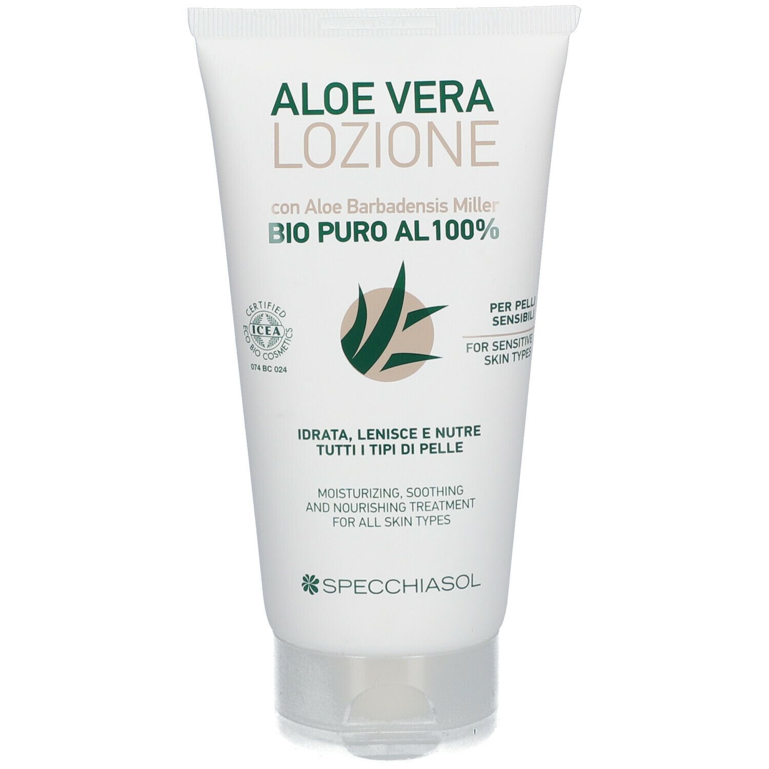 Tubo bianco con stampa verde: Aloe Vera Lozione. Testo e logo Specchiasol. Certificazioni.