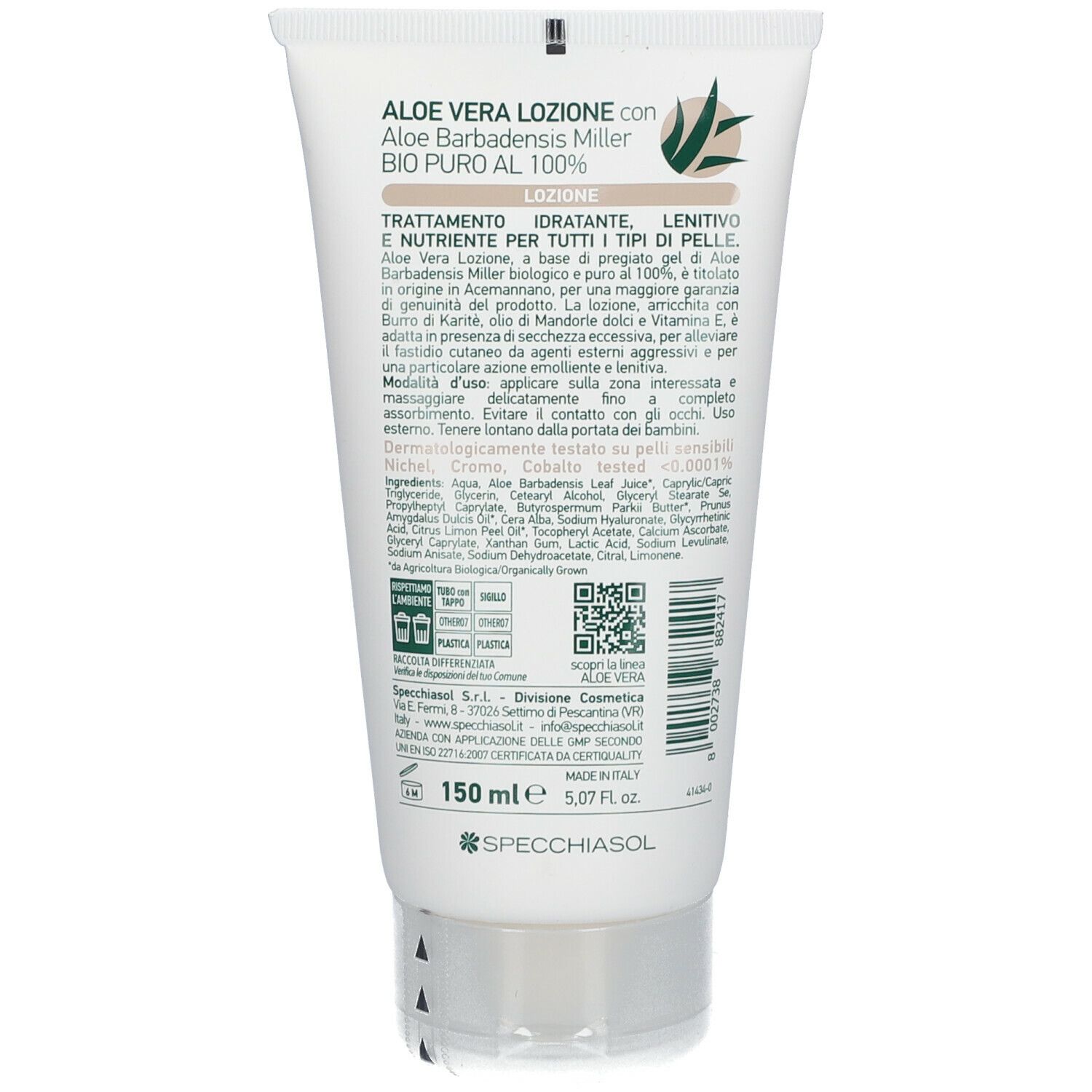 Retro del tubo. Testo con ingredienti e informazioni produttore. Logo Specchiasol. 150 ml.