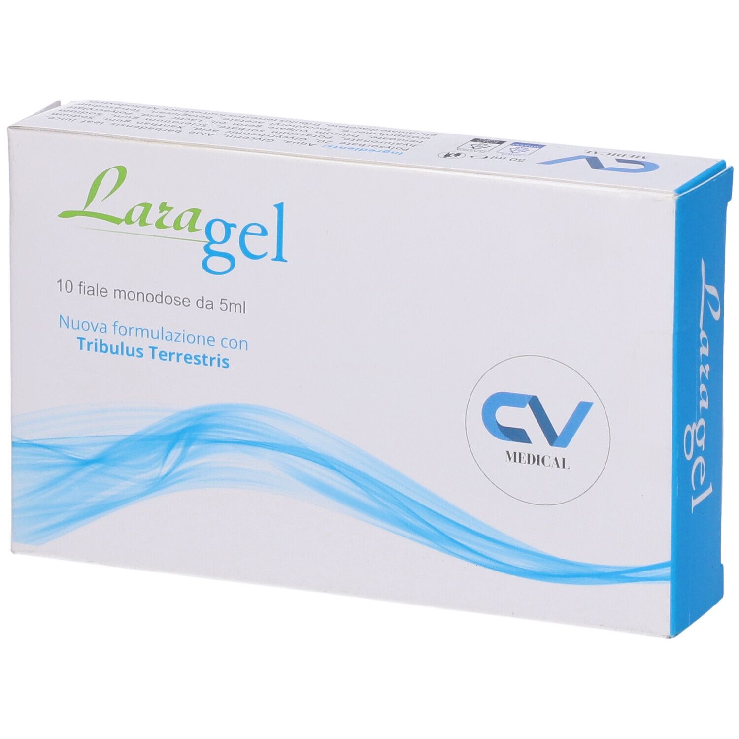 Scatola Laragel, 10 fiale da 5 ml. Logo CV MEDICAL e onde blu.