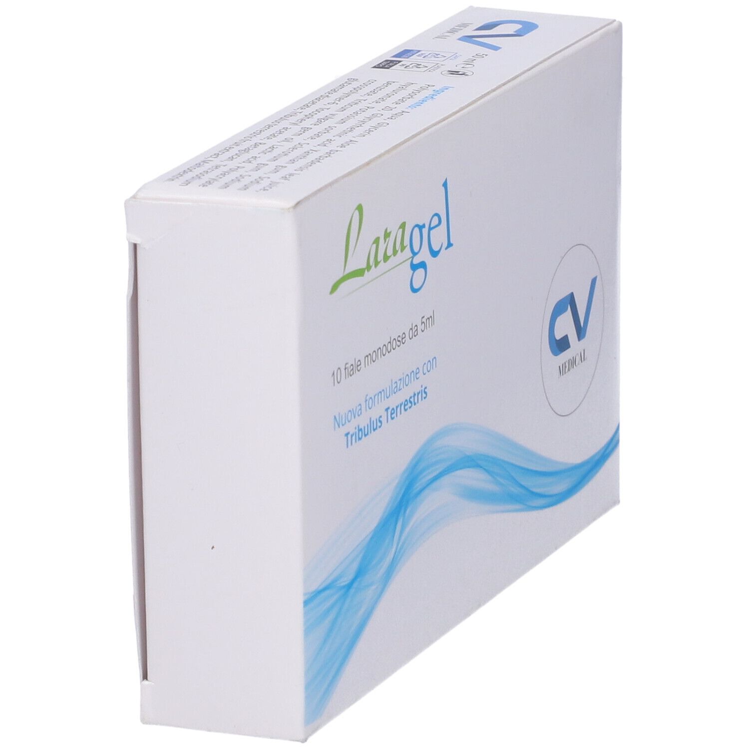 Scatola Laragel, vista laterale. Logo CV MEDICAL e informazioni prodotto.