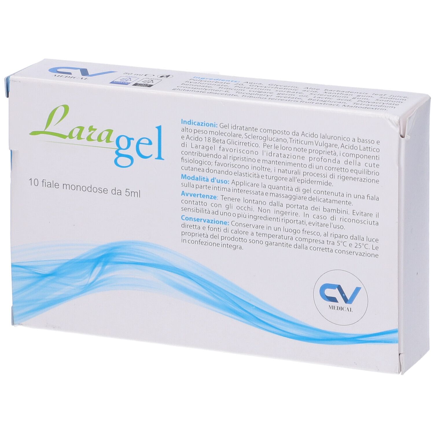 Scatola Laragel con informazioni prodotto. 10 fiale. Logo CV MEDICAL.